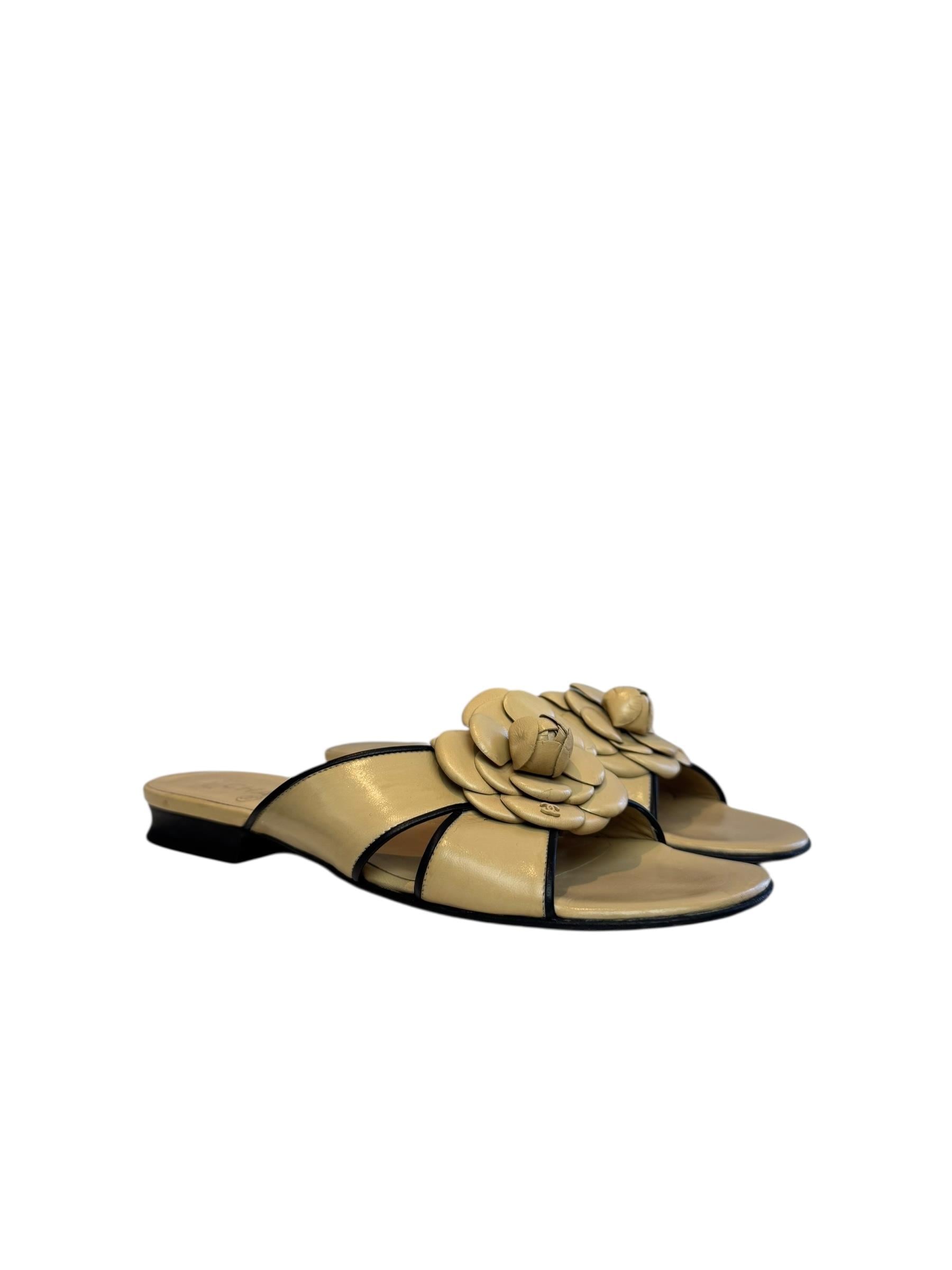 CHANEL BEIGE CAMELLIA LEATHER SANDALS