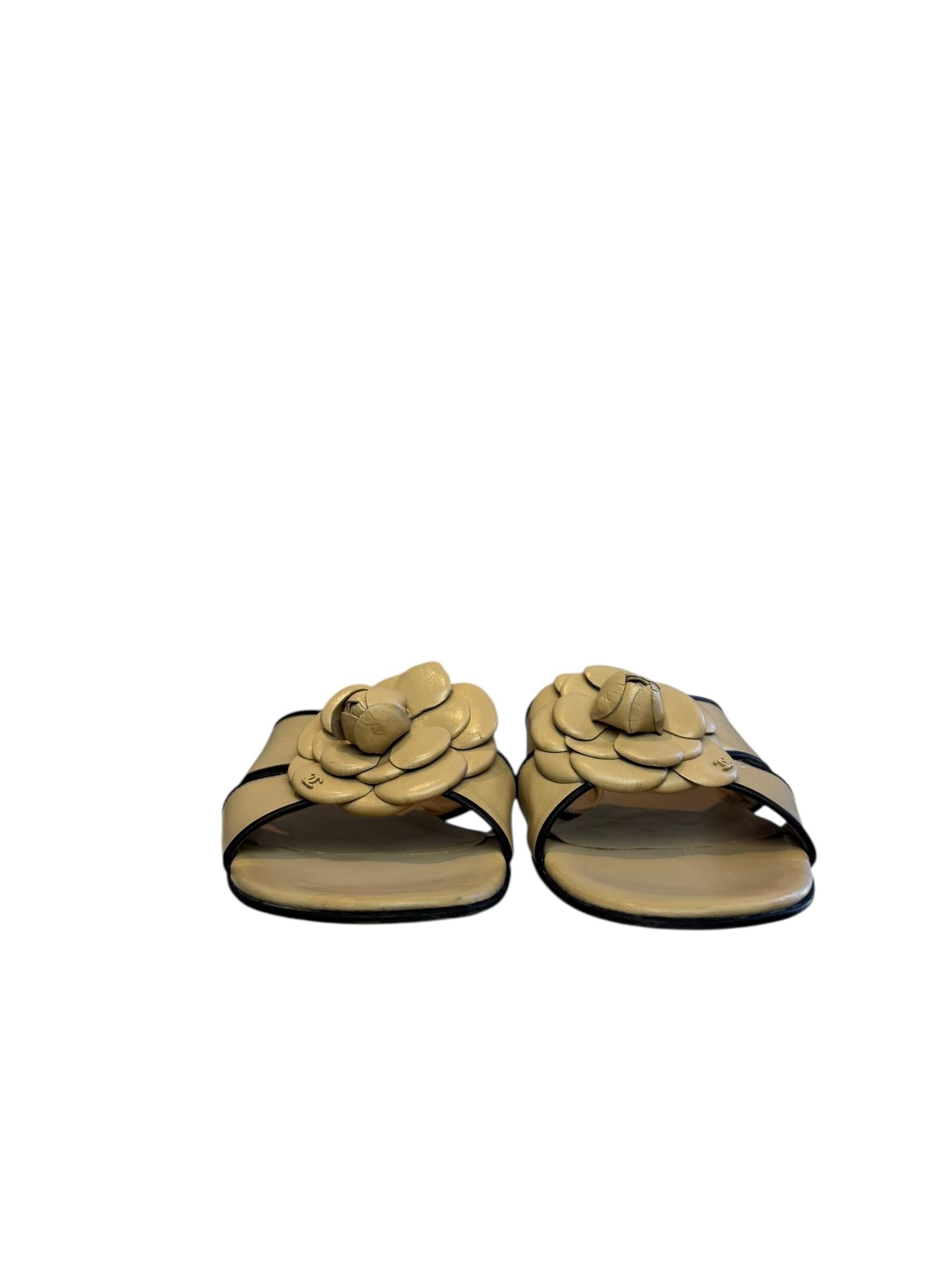 CHANEL BEIGE CAMELLIA LEATHER SANDALS