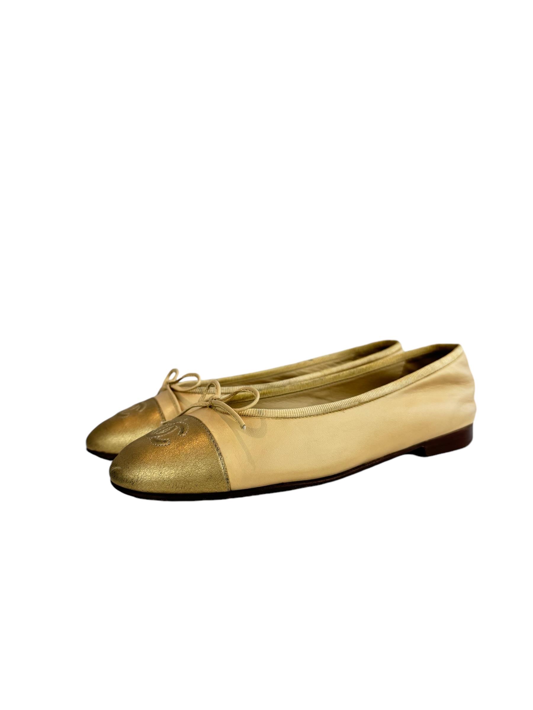 CHANEL BEIGE GOLD BALLET FLATS 