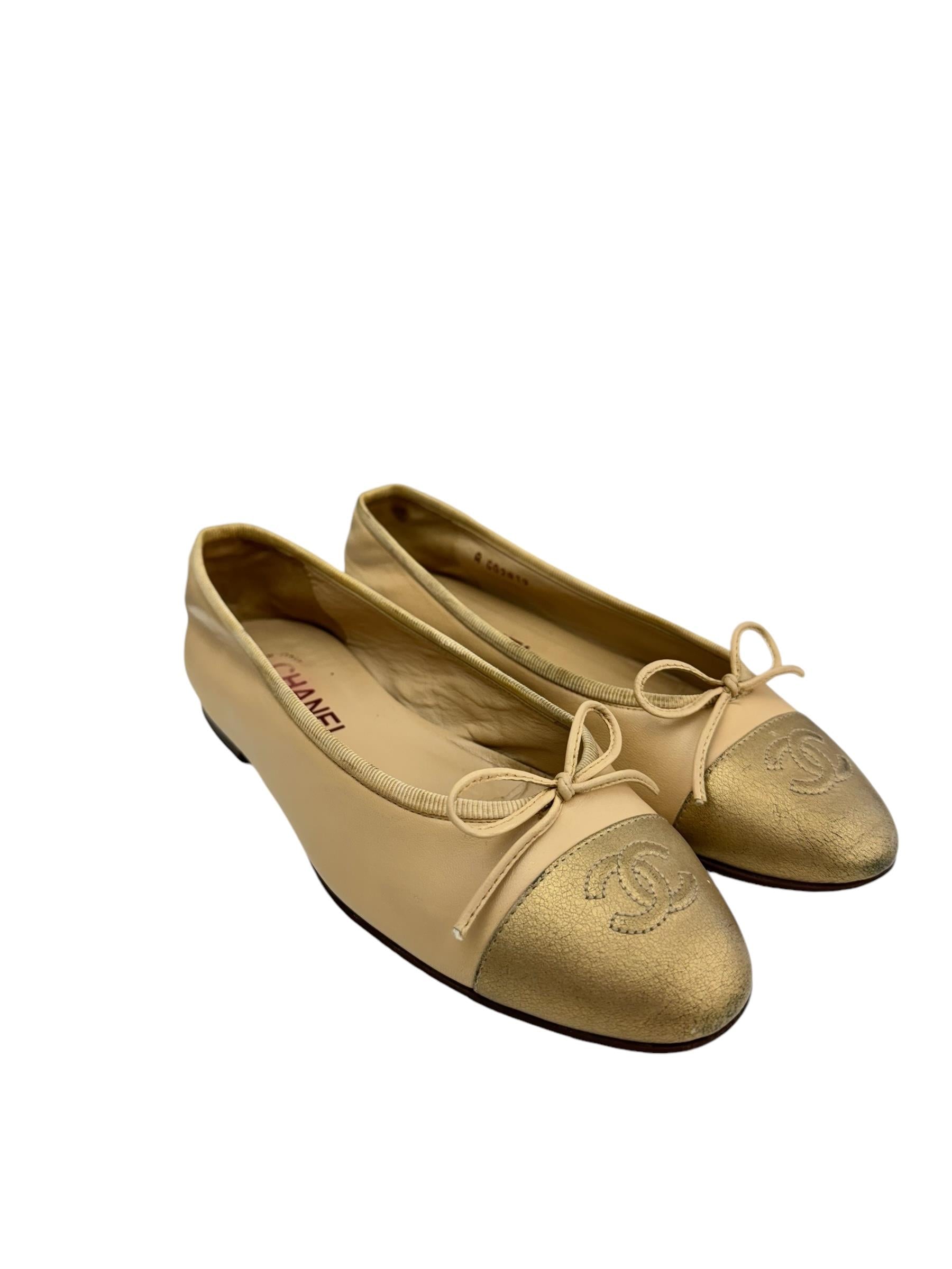 CHANEL BEIGE GOLD BALLET FLATS 