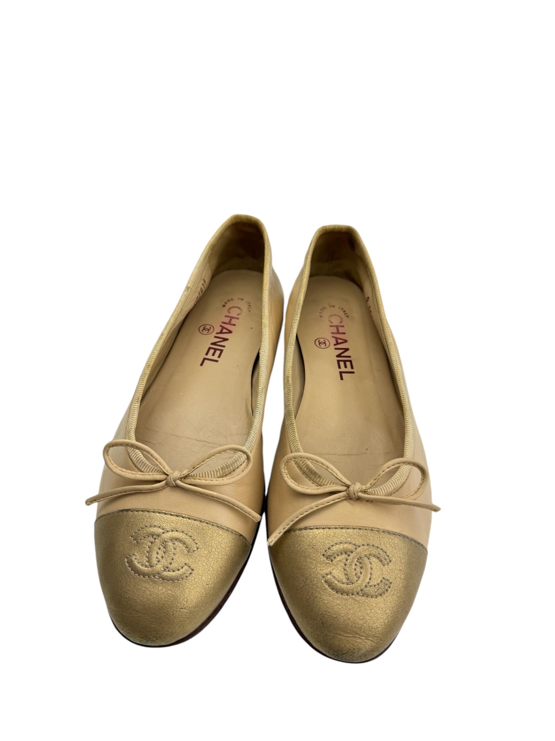 CHANEL BEIGE GOLD BALLET FLATS 