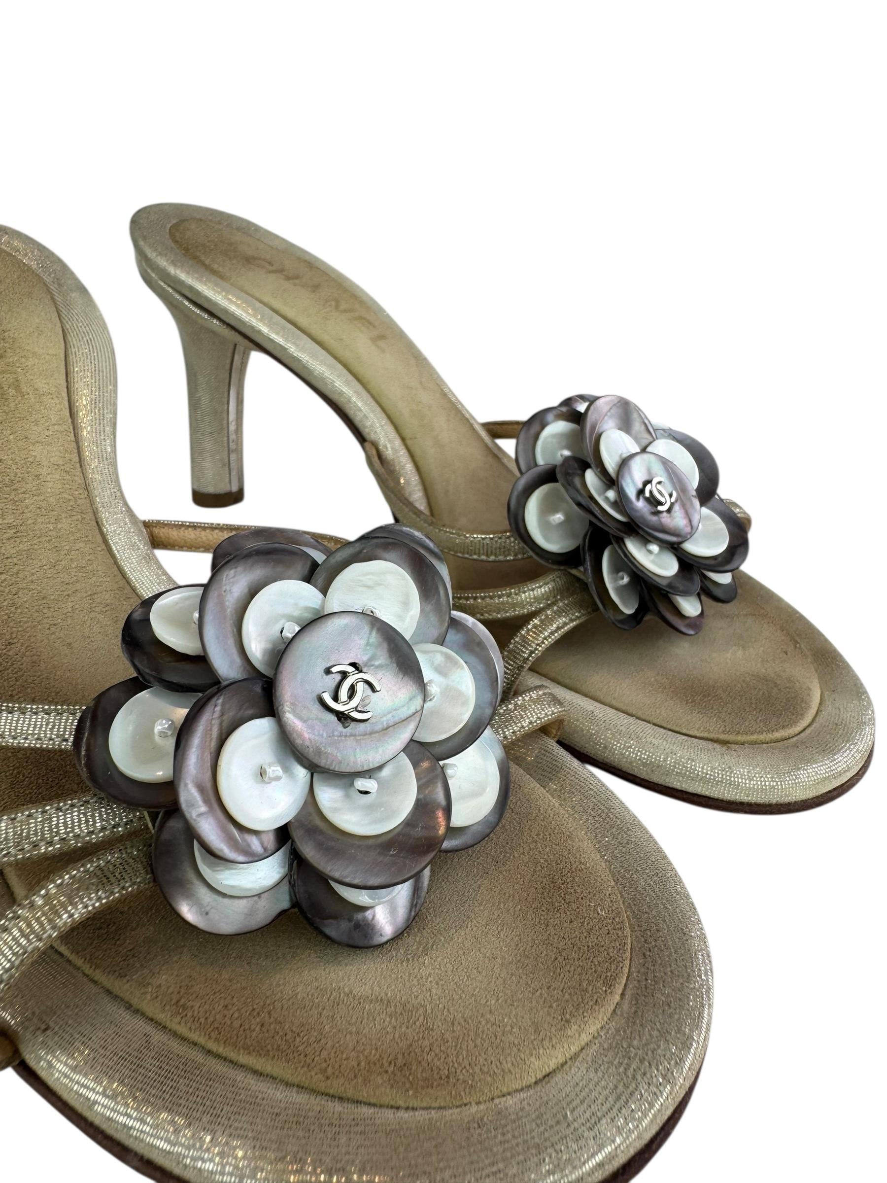 CHANEL BEIGE METALLIC PEARL SANDALS