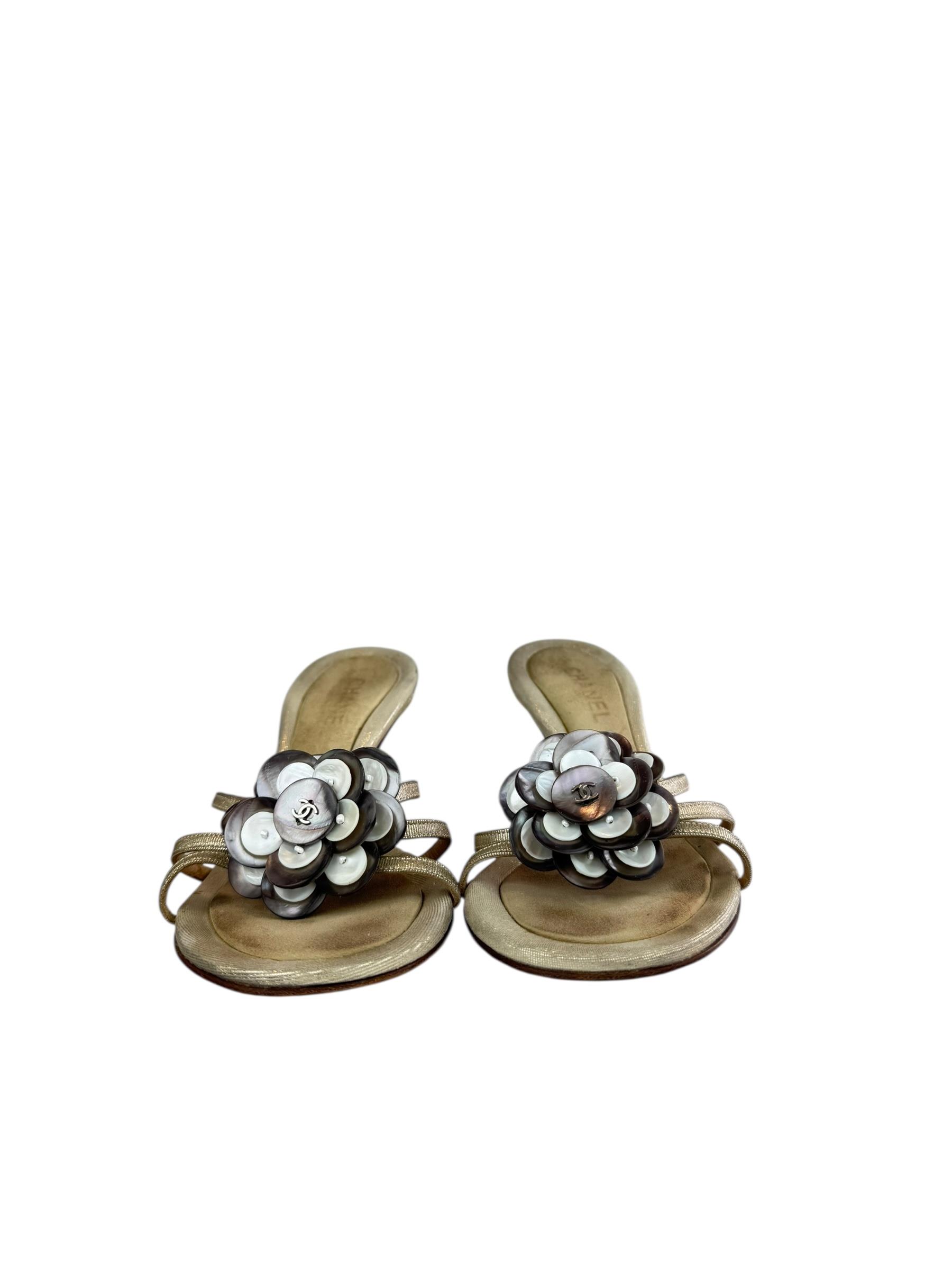 CHANEL BEIGE METALLIC PEARL SANDALS