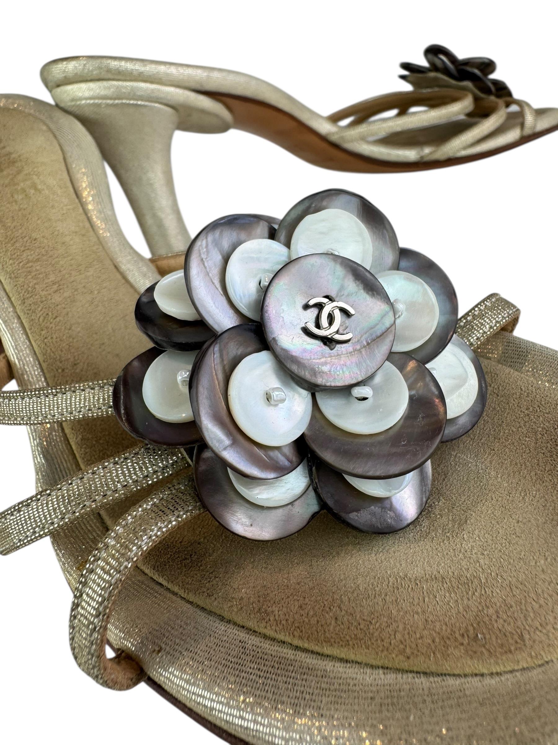 CHANEL BEIGE METALLIC PEARL SANDALS