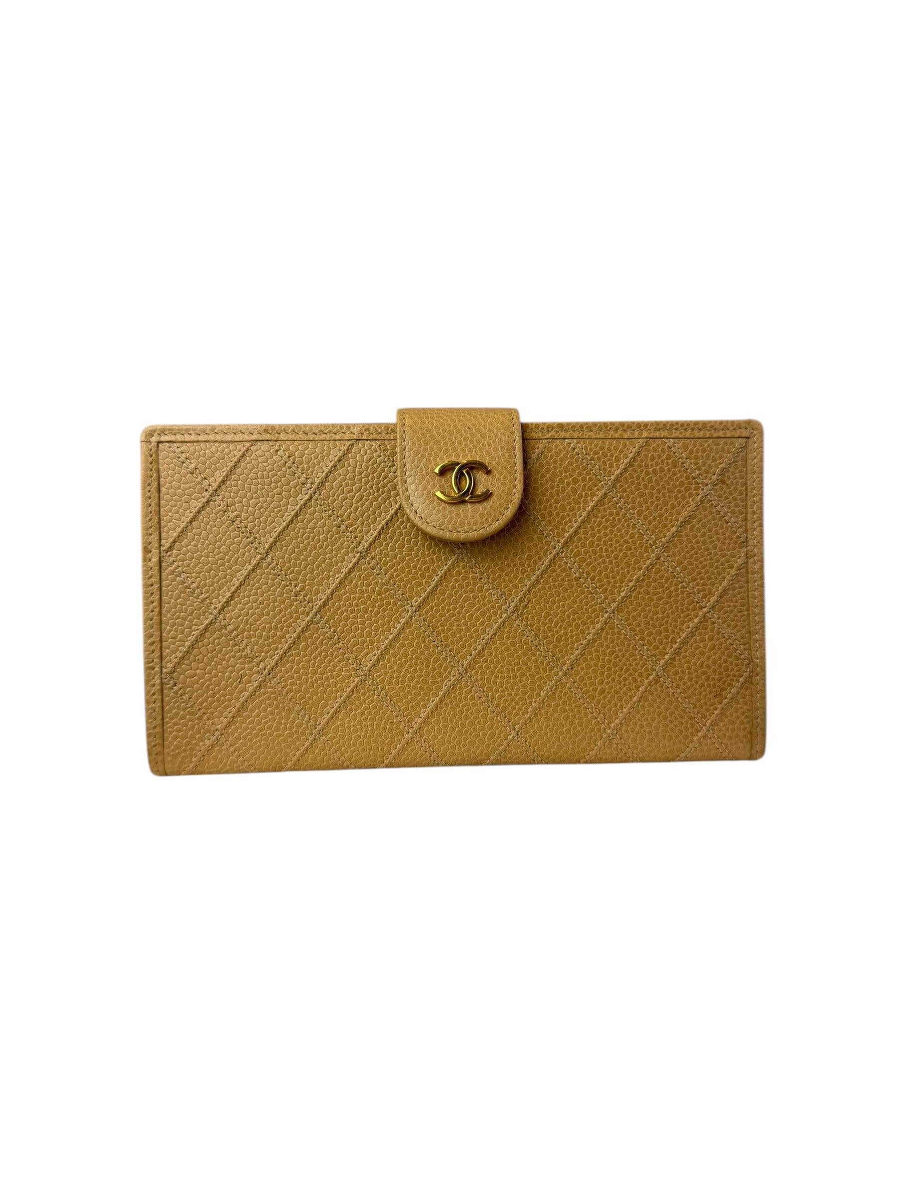 CHANEL BEIGE QUILTED CAVIAR LEATHER WALLET