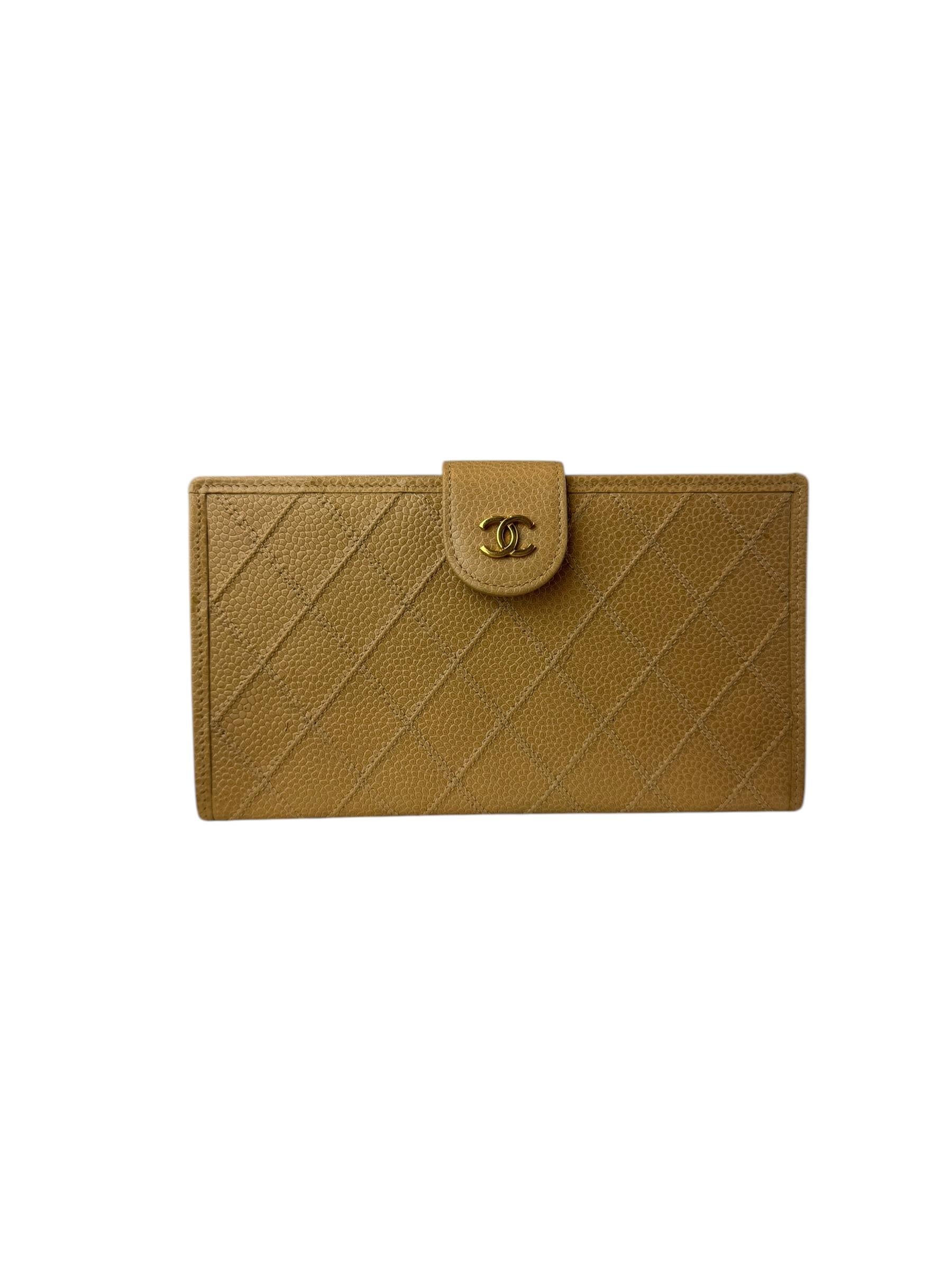 CHANEL BEIGE QUILTED CAVIAR LEATHER WALLET
