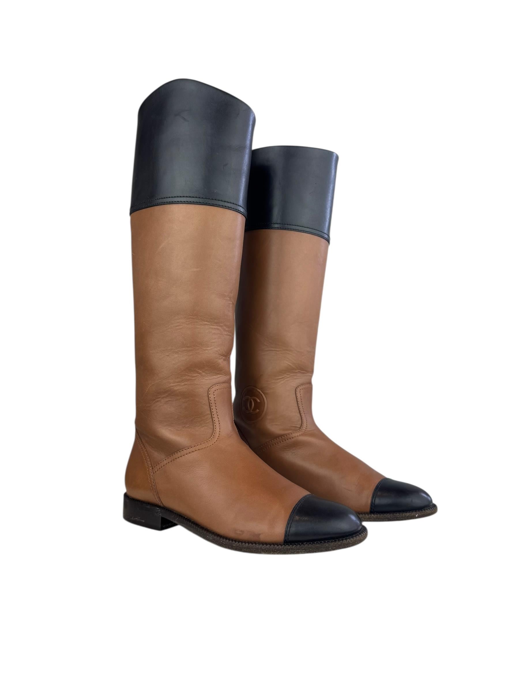 CHANEL BLACK BROWN HIGH KNEE BOOTS