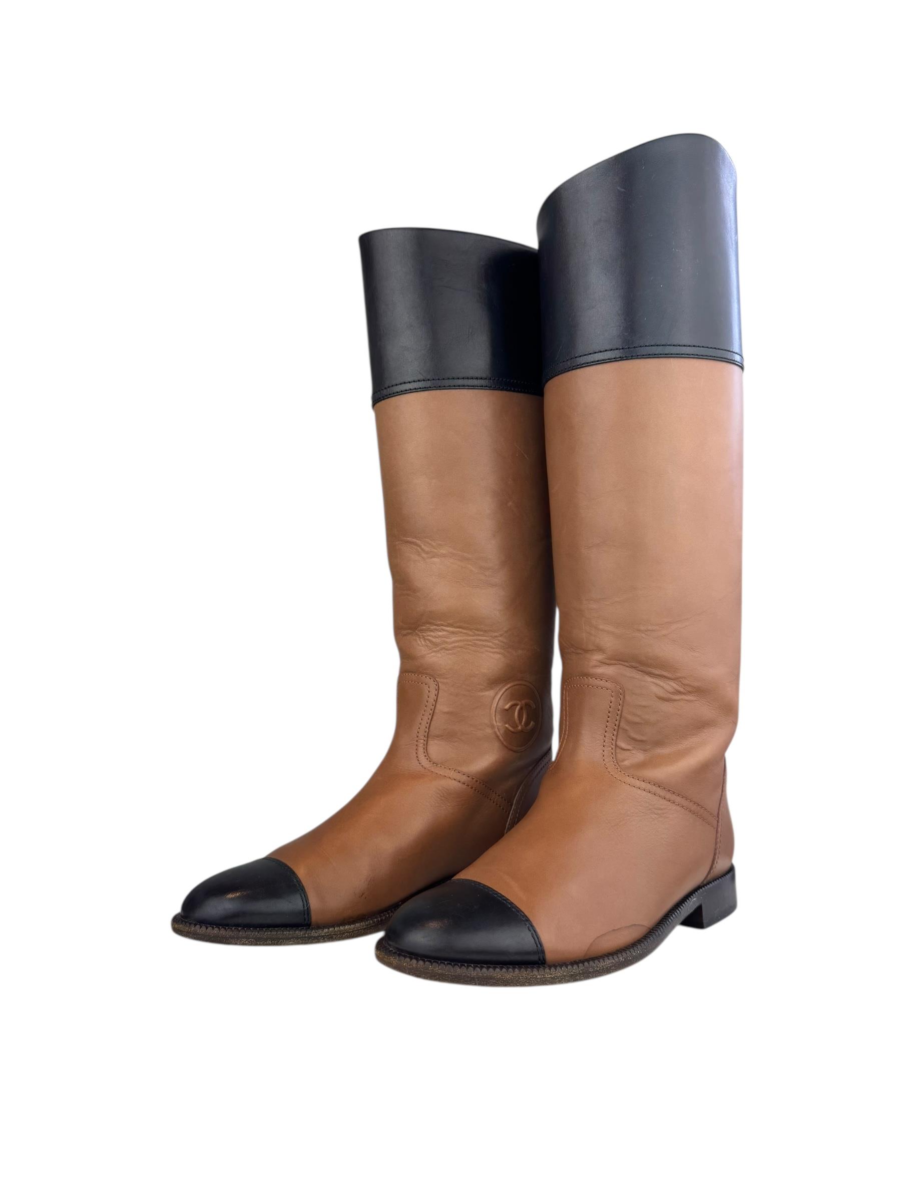 CHANEL BLACK BROWN HIGH KNEE BOOTS