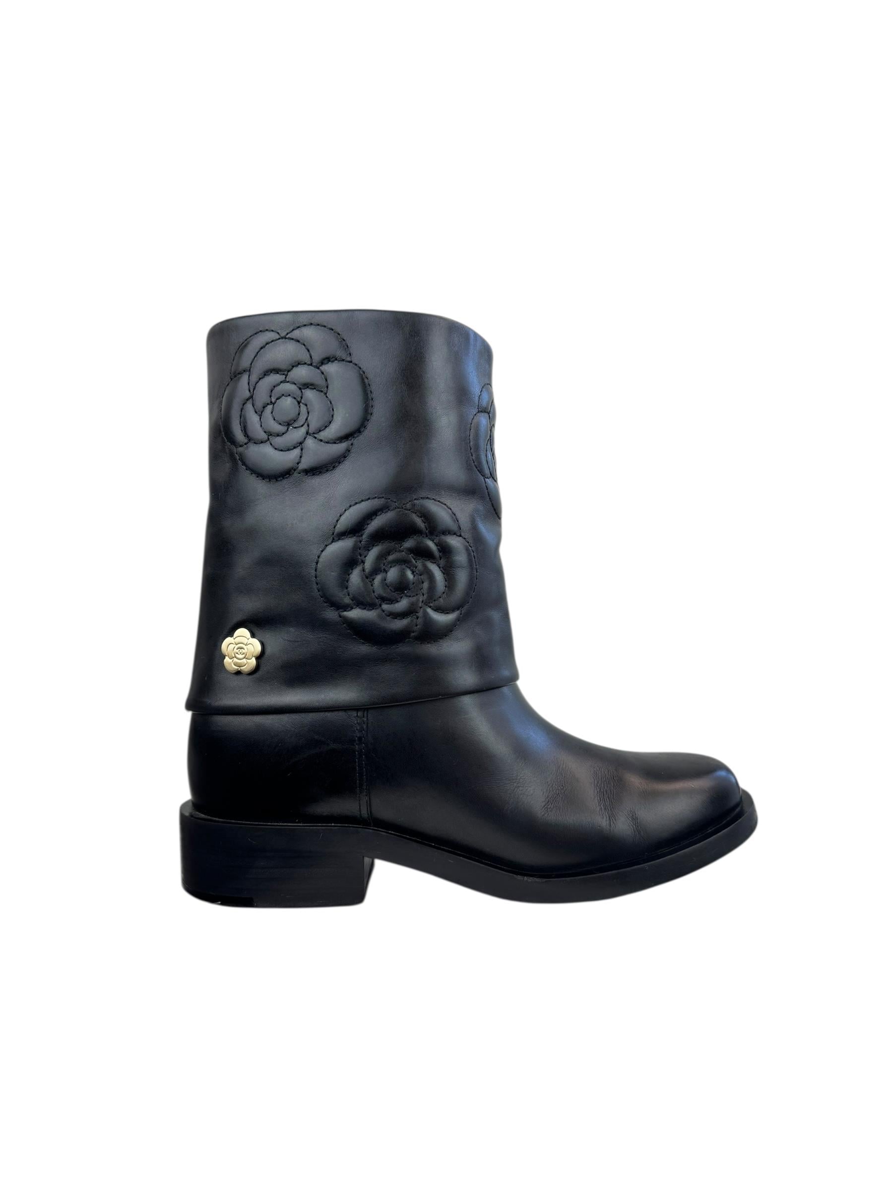 CHANEL BLACK CAMELLIA LEATHER BOOTS