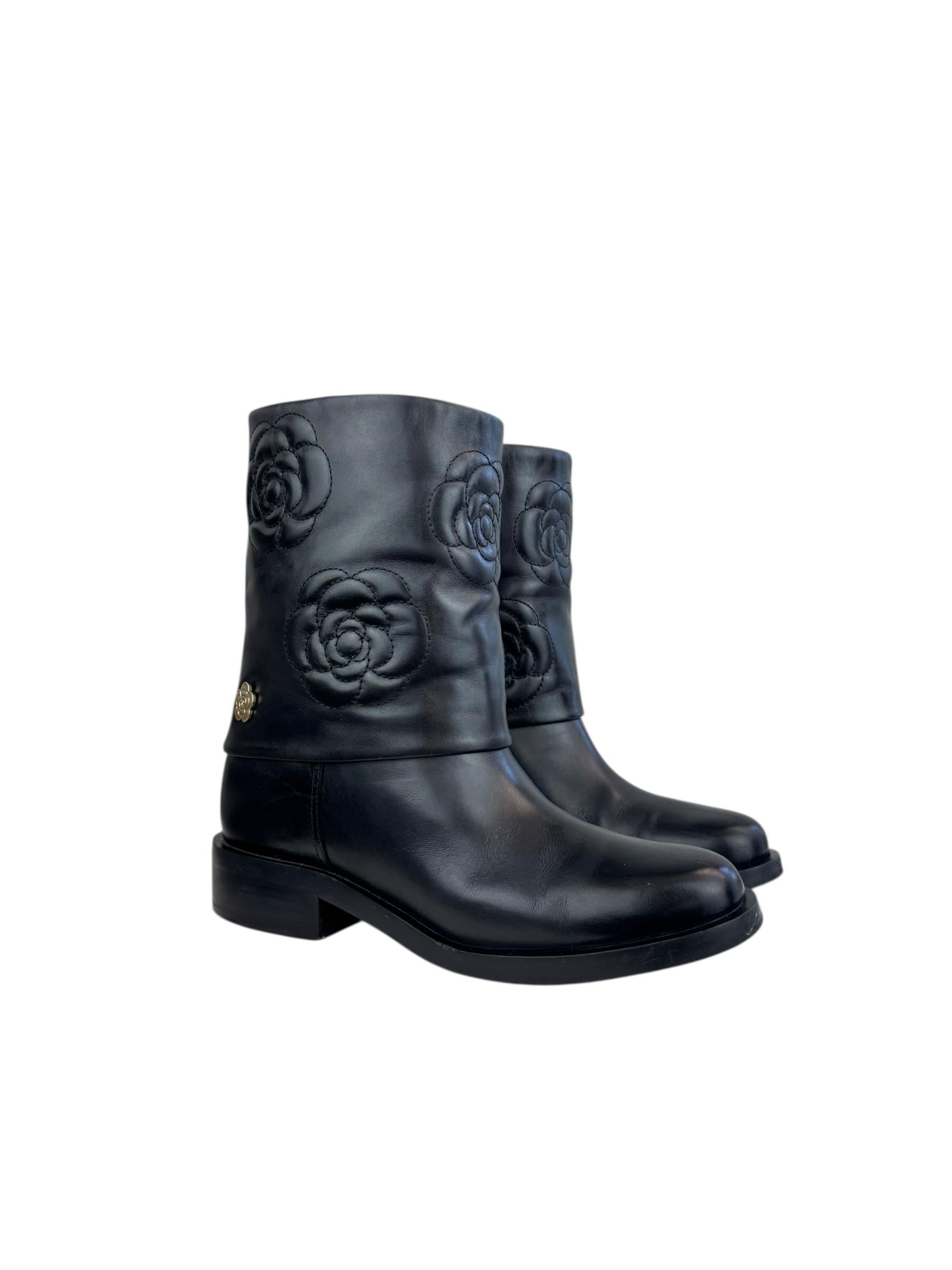CHANEL BLACK CAMELLIA LEATHER BOOTS