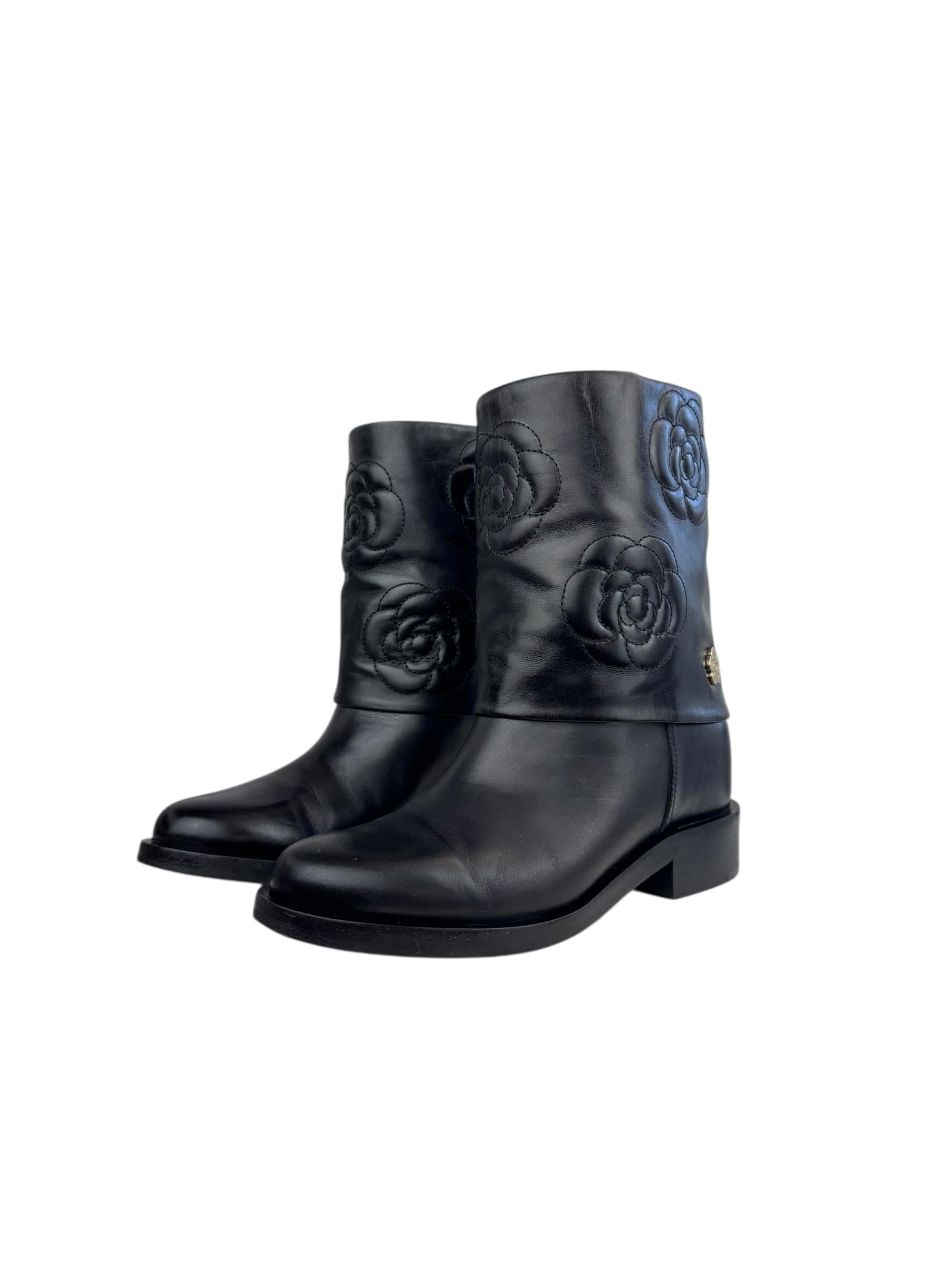 CHANEL BLACK CAMELLIA LEATHER BOOTS