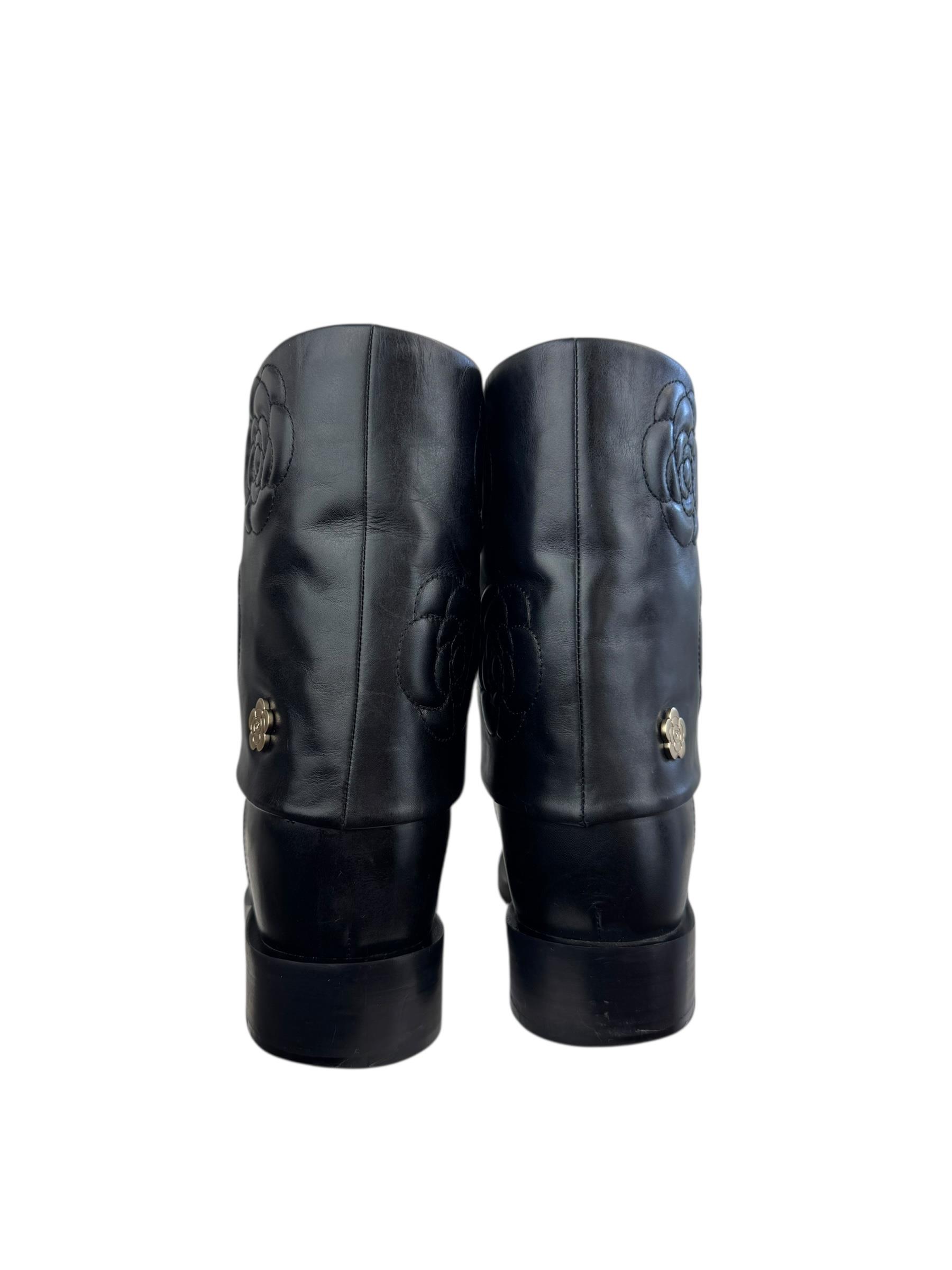 CHANEL BLACK CAMELLIA LEATHER BOOTS