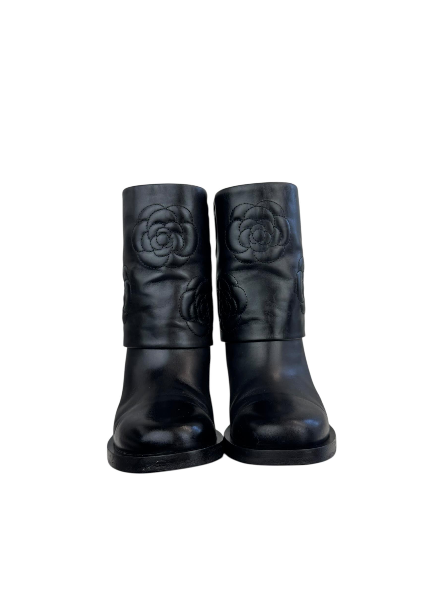 CHANEL BLACK CAMELLIA LEATHER BOOTS