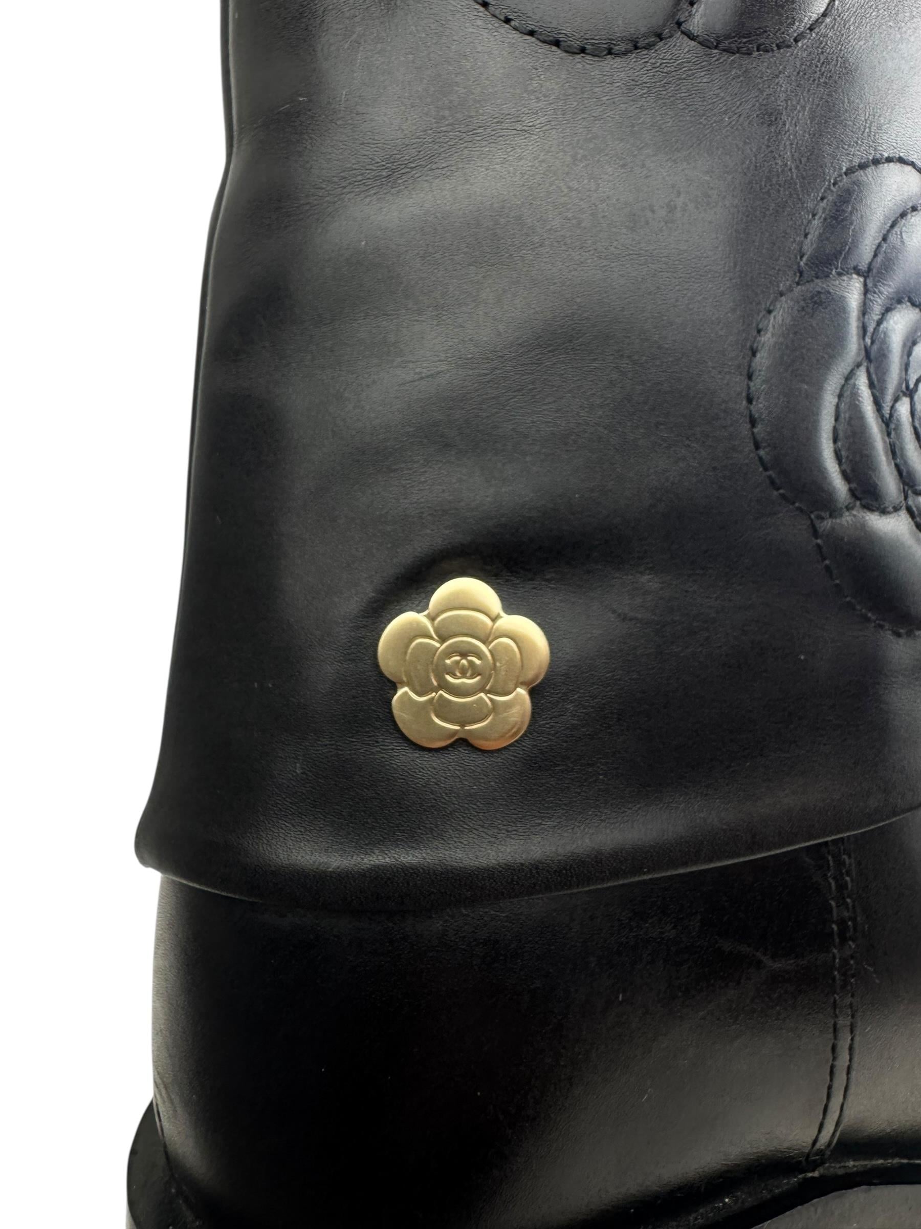 CHANEL BLACK CAMELLIA LEATHER BOOTS
