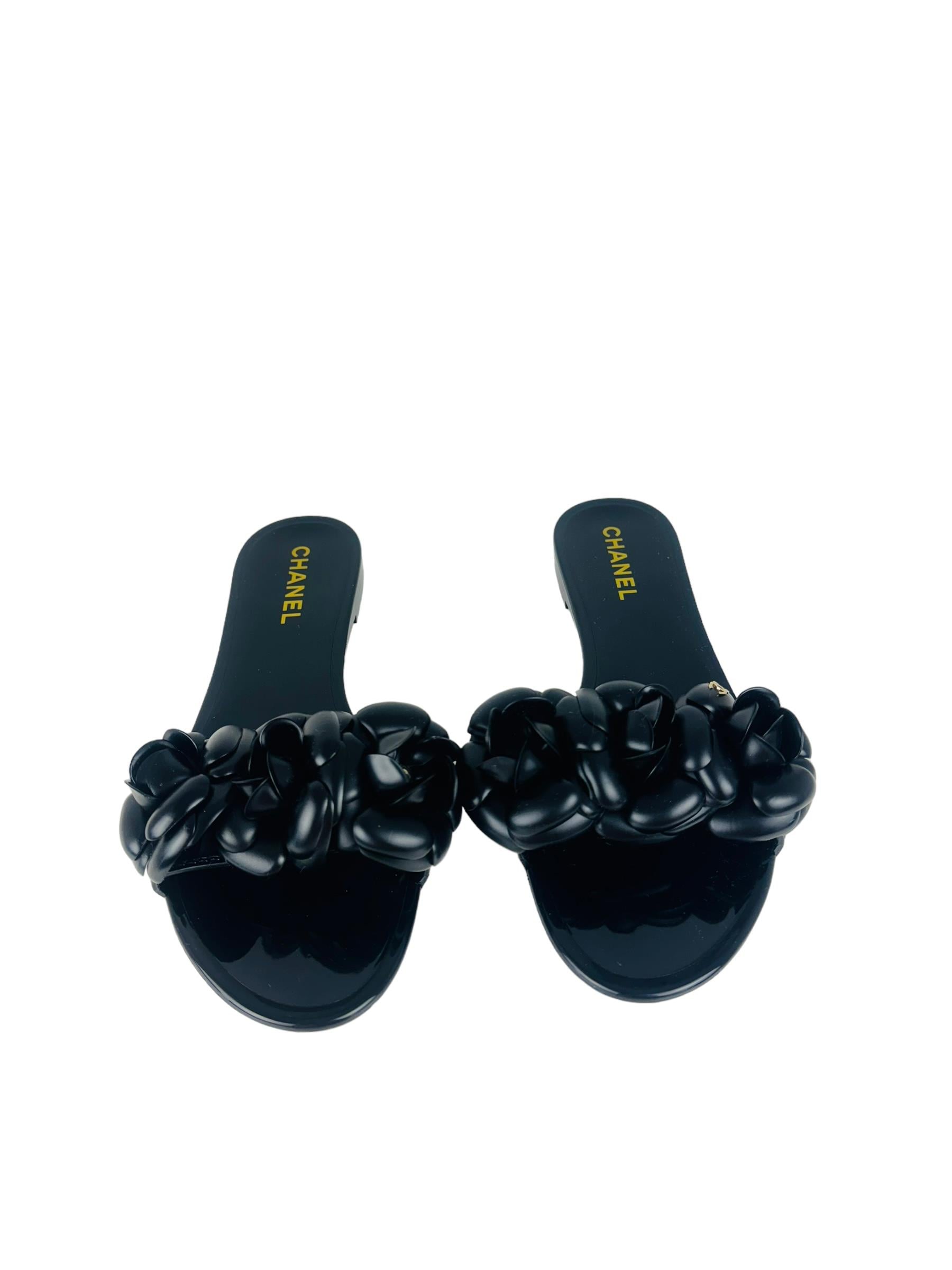 CHANEL BLACK CAMELLIA SANDALS
