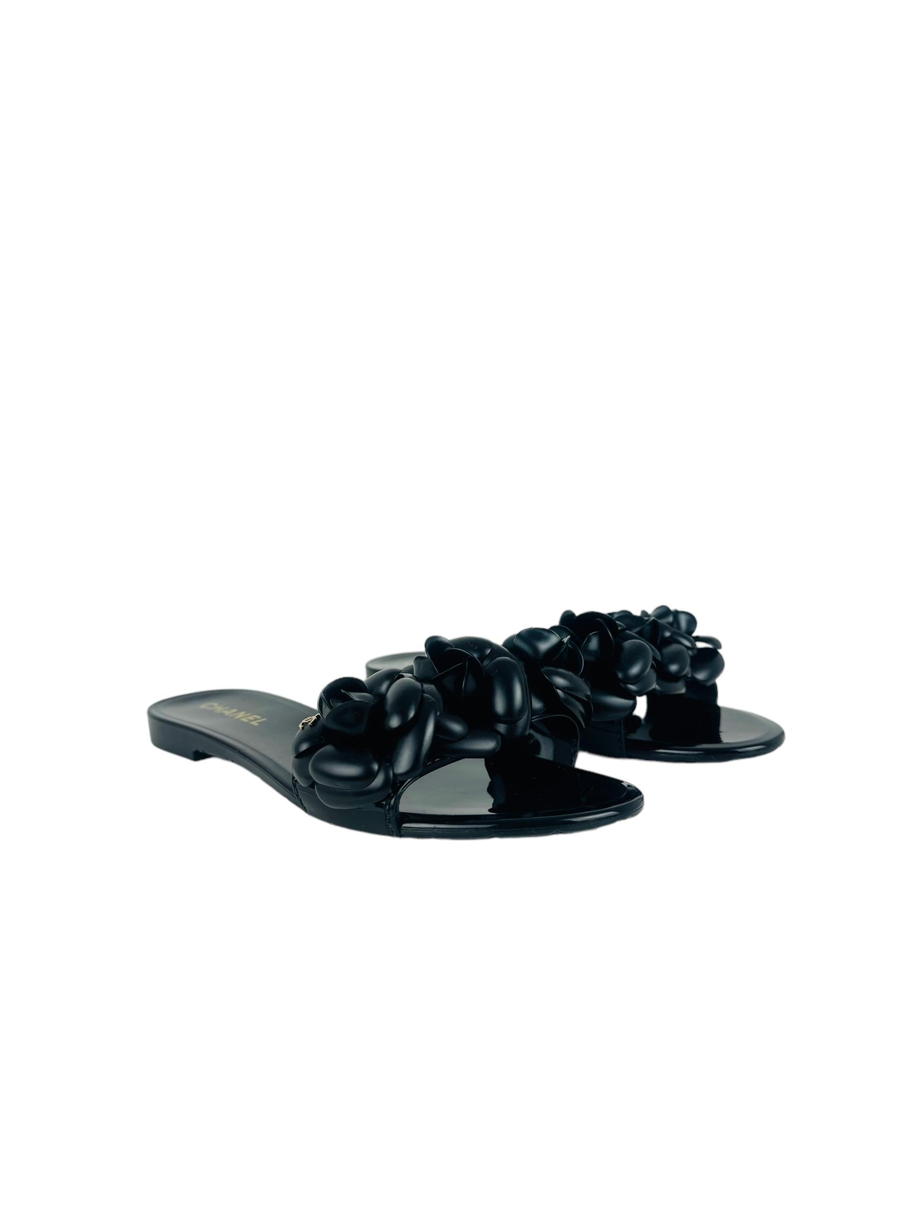CHANEL BLACK CAMELLIA SANDALS