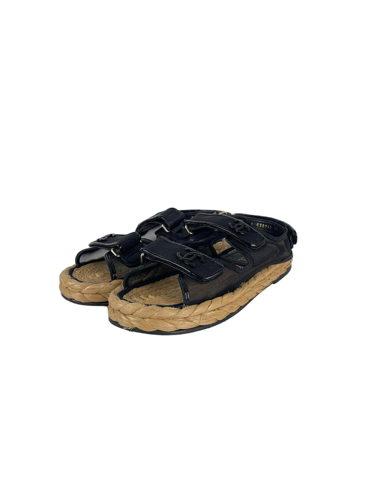CHANEL BLACK MESH RAFIA DAT SANDALS