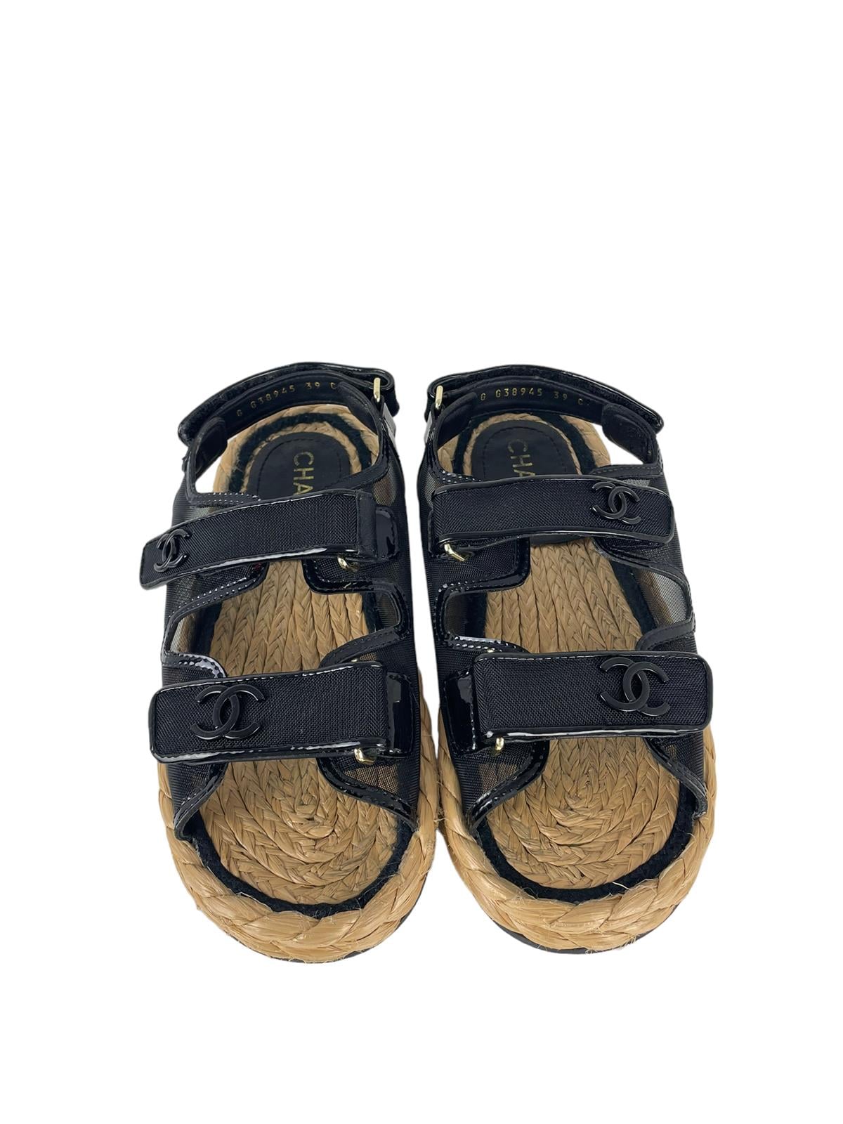 CHANEL BLACK MESH RAFIA DAT SANDALS