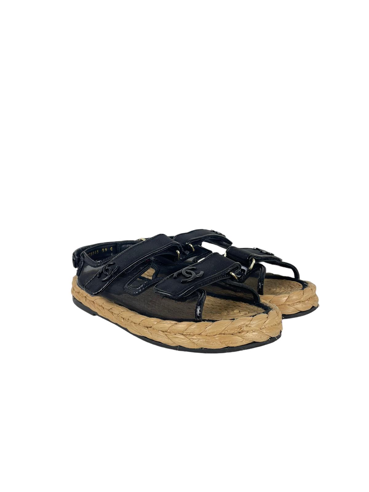 CHANEL BLACK MESH RAFIA DAT SANDALS