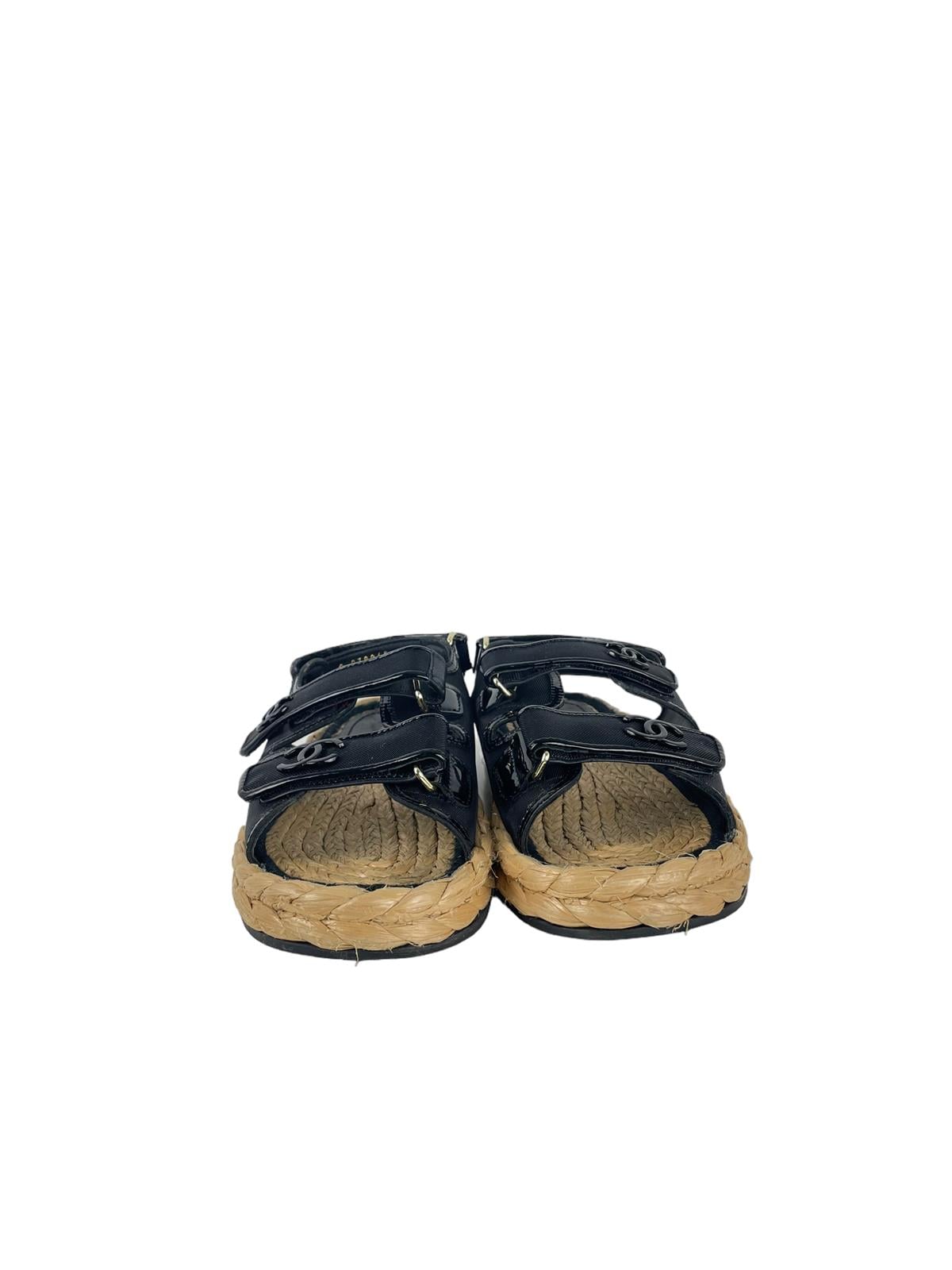 CHANEL BLACK MESH RAFIA DAT SANDALS
