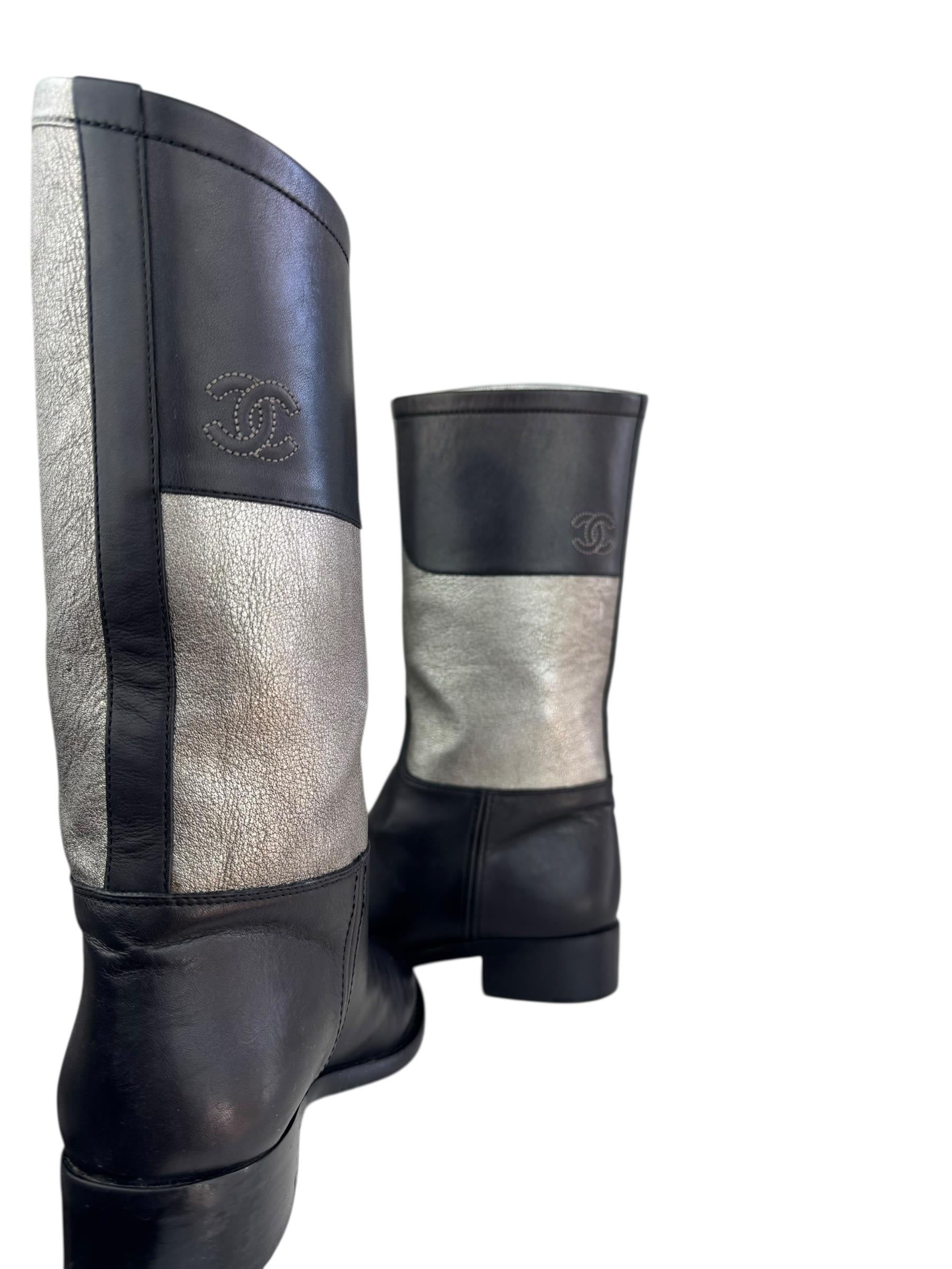 CHANEL BLACK SILVER HIGH KNEE RIDING BOOTS