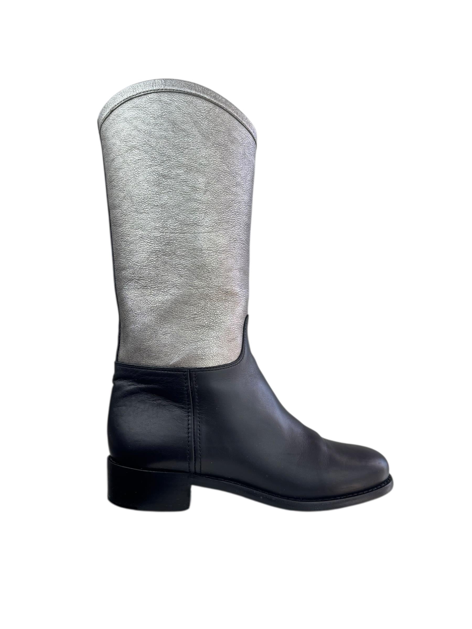 CHANEL BLACK SILVER HIGH KNEE RIDING BOOTS