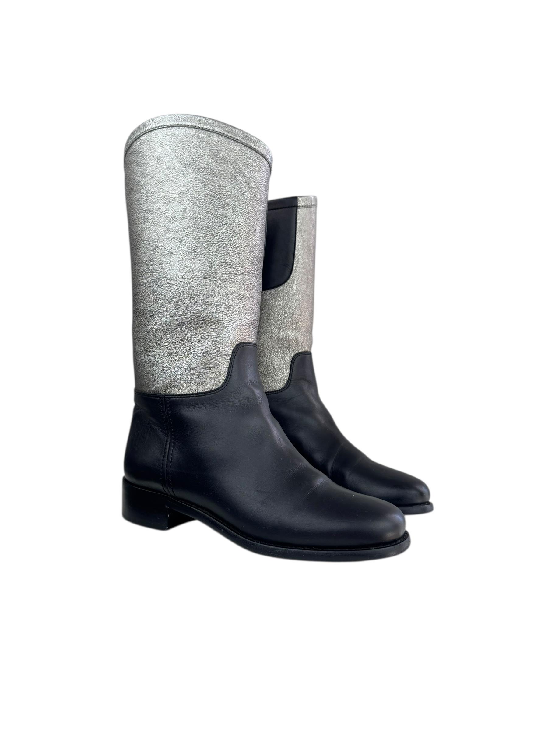 CHANEL BLACK SILVER HIGH KNEE RIDING BOOTS