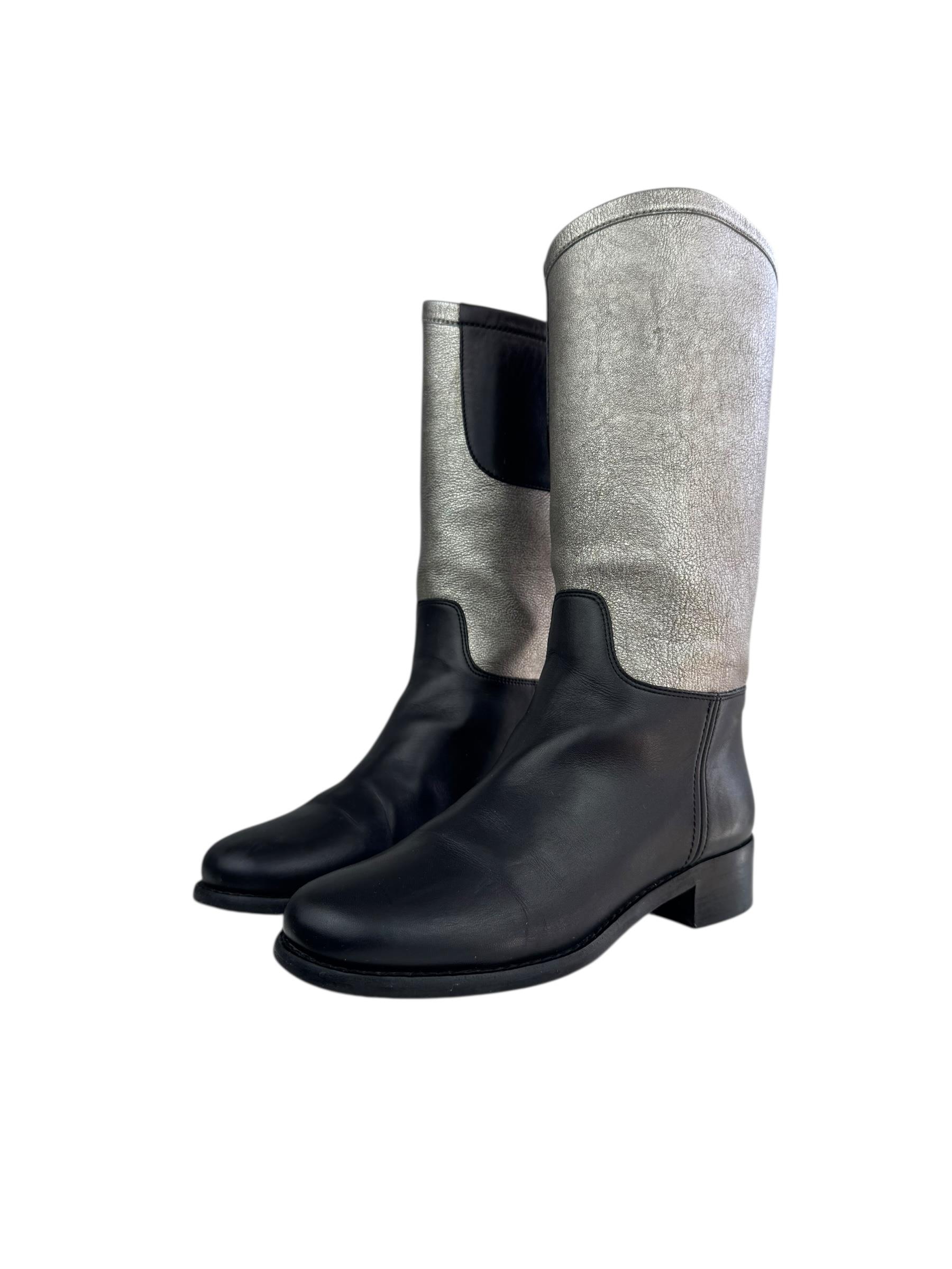 CHANEL BLACK SILVER HIGH KNEE RIDING BOOTS