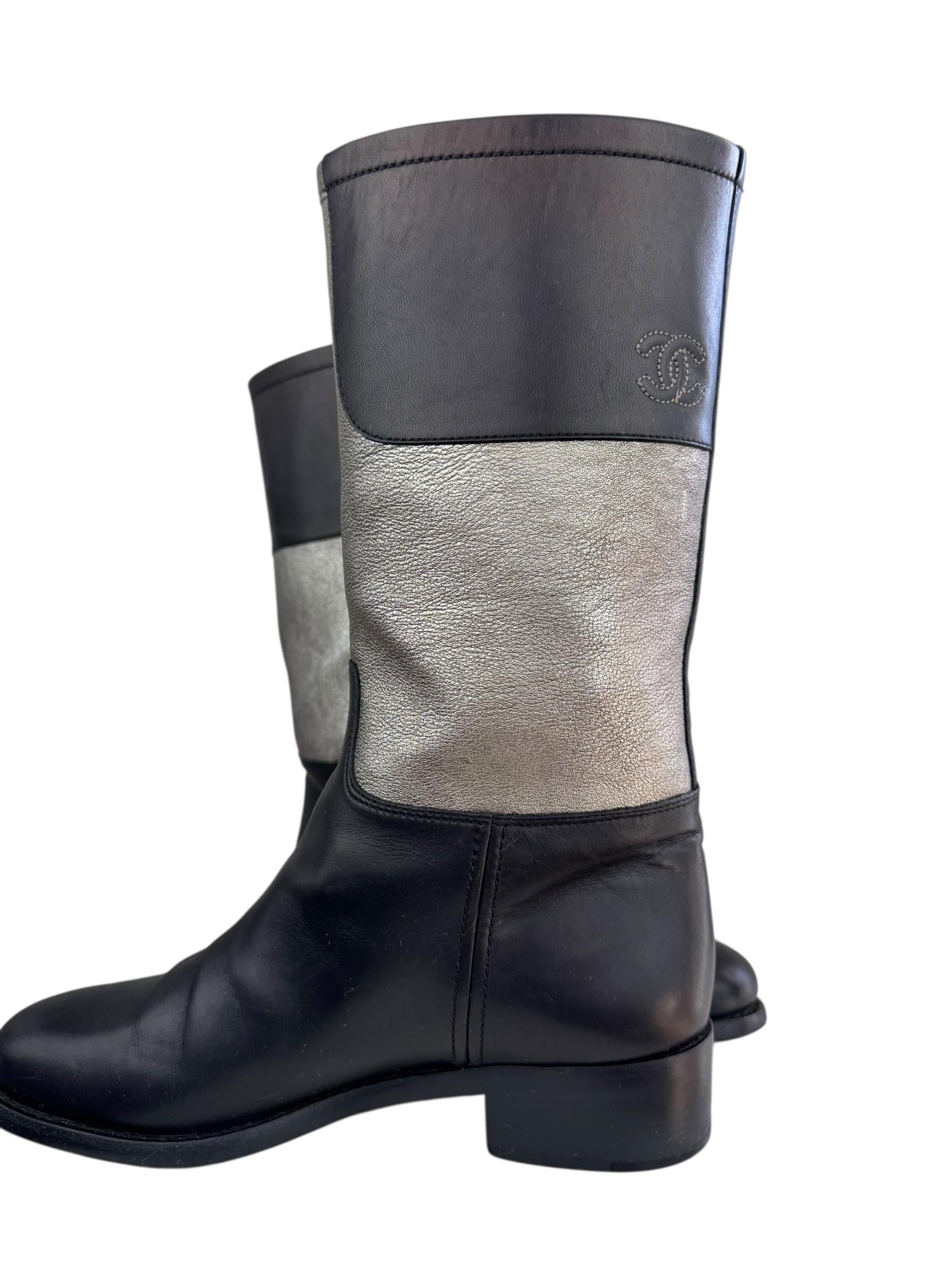 CHANEL BLACK SILVER HIGH KNEE RIDING BOOTS