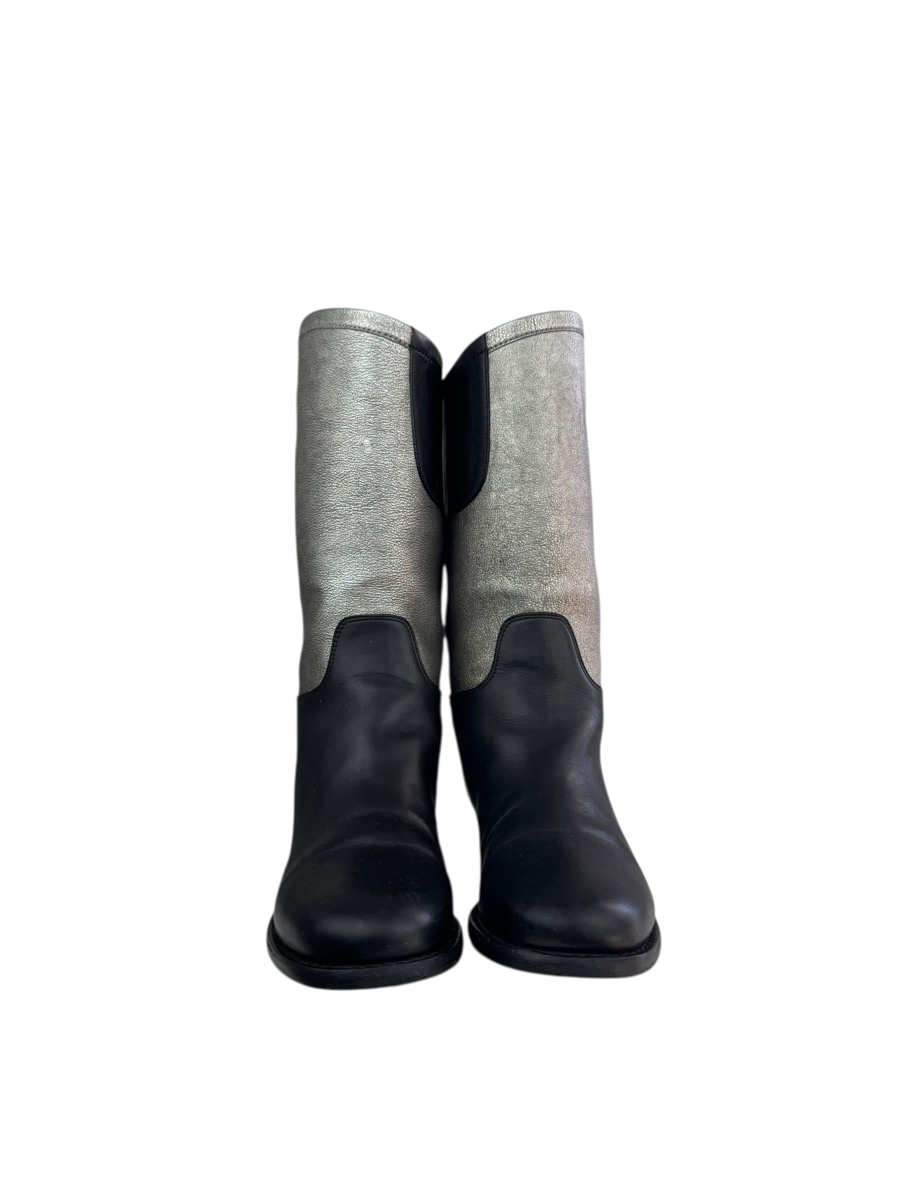 CHANEL BLACK SILVER HIGH KNEE RIDING BOOTS
