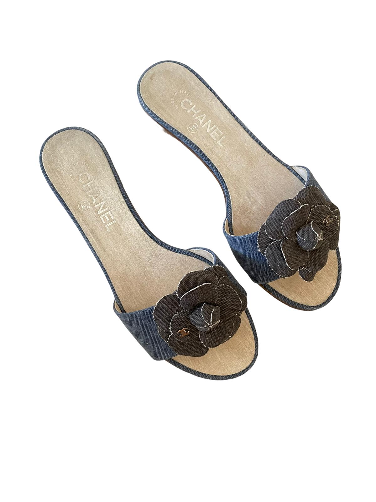 CHANEL CAMELLIA DENIM MULES 