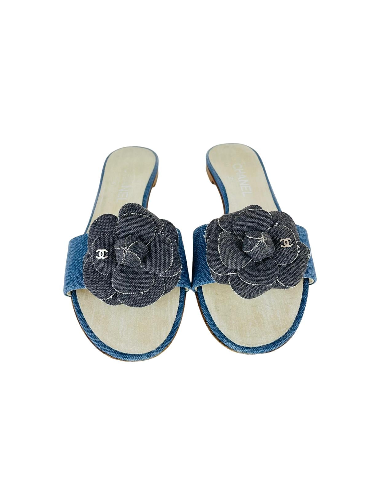CHANEL CAMELLIA DENIM MULES 