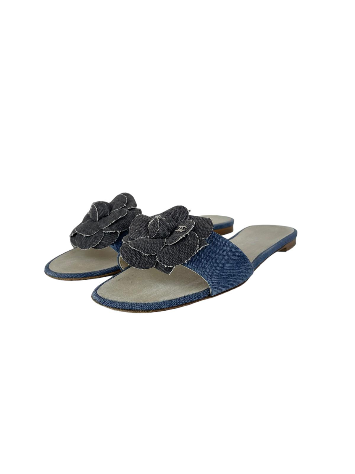 CHANEL CAMELLIA DENIM MULES 