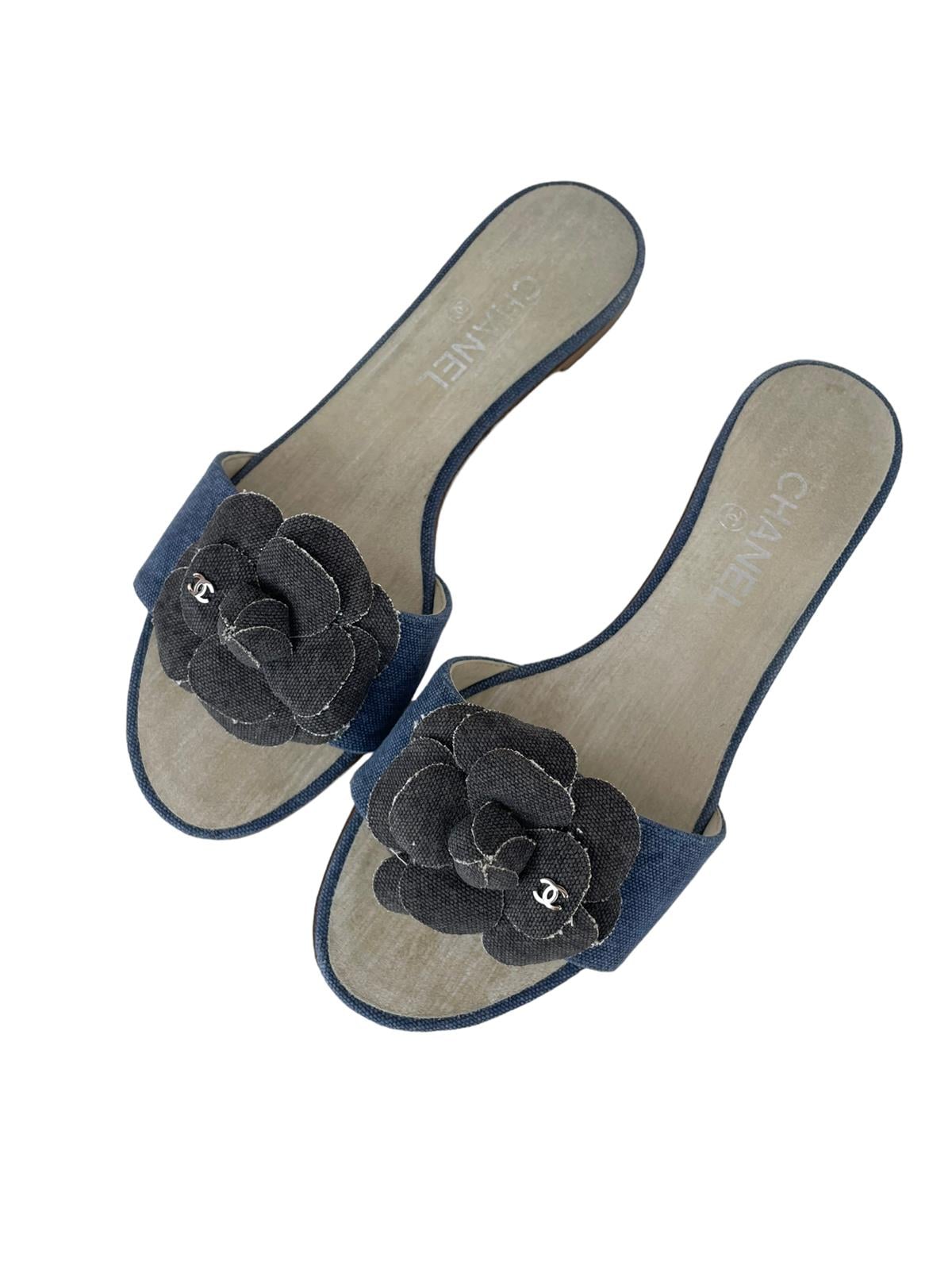 CHANEL CAMELLIA DENIM MULES 