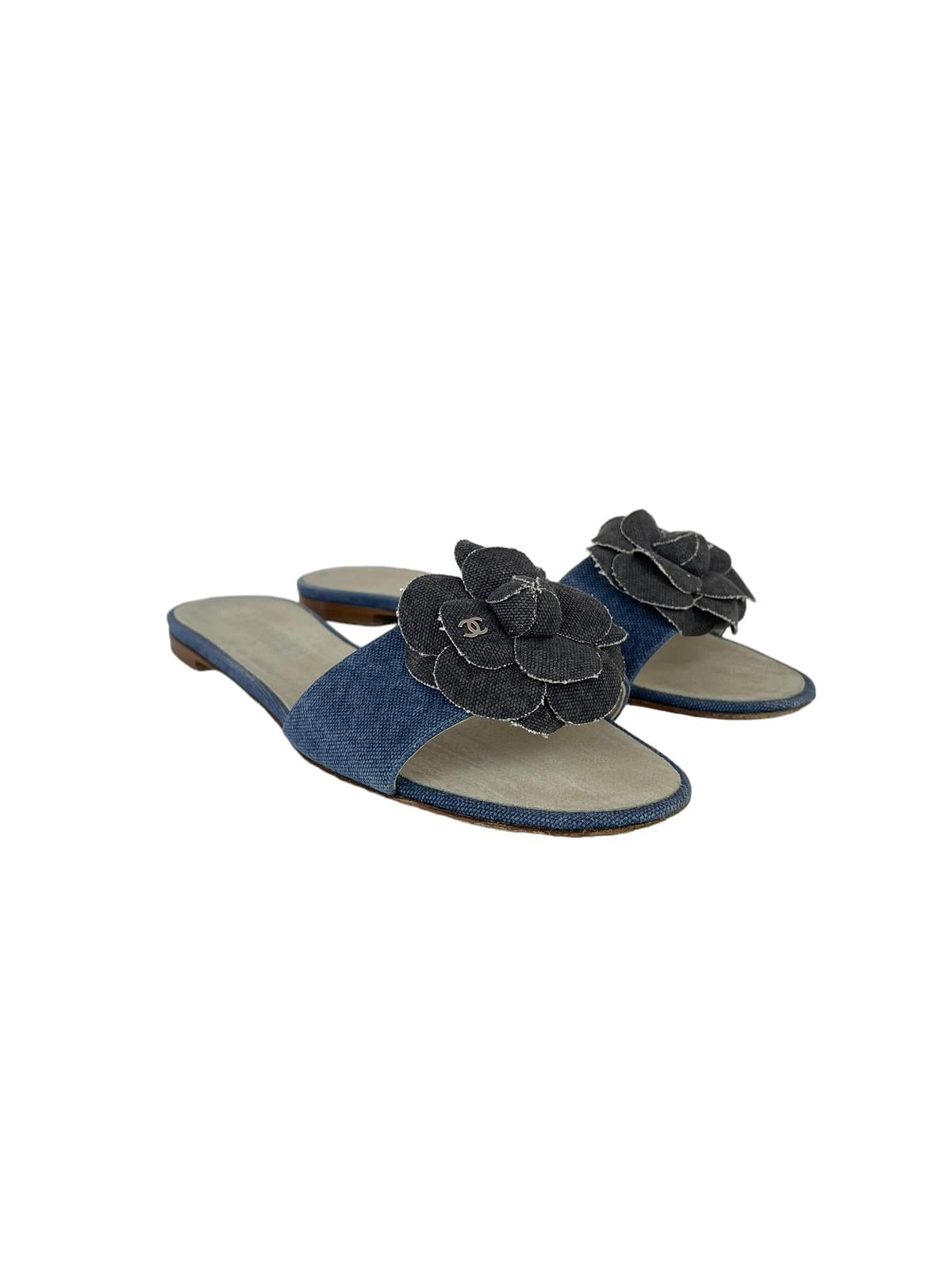 CHANEL CAMELLIA DENIM MULES 