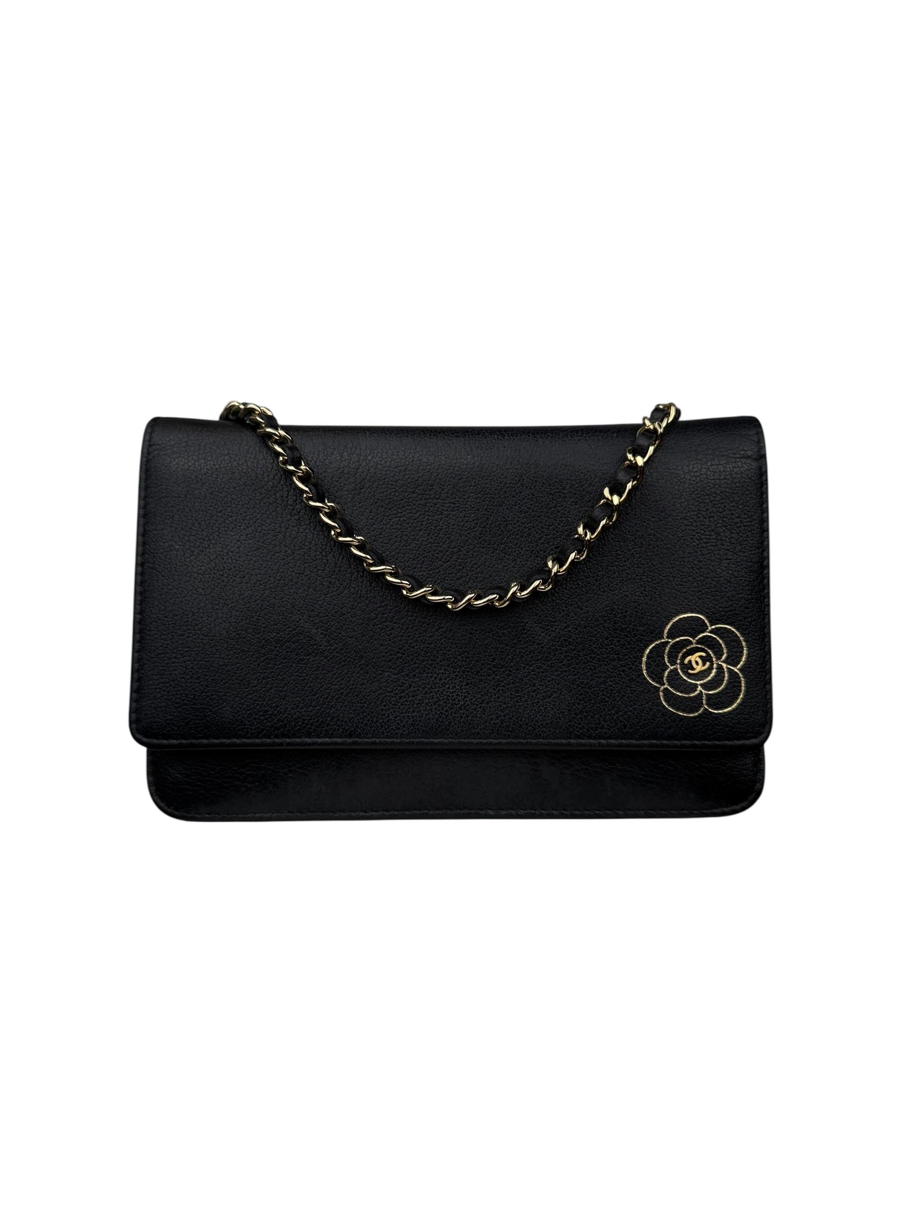 CHANEL CAMELLIA LEATHER WALLET ON CHAIN