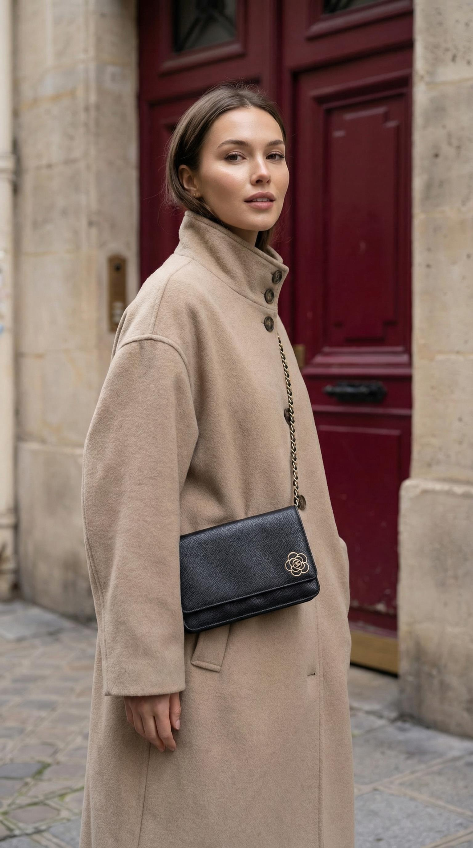 CHANEL CAMELLIA LEATHER WALLET ON CHAIN