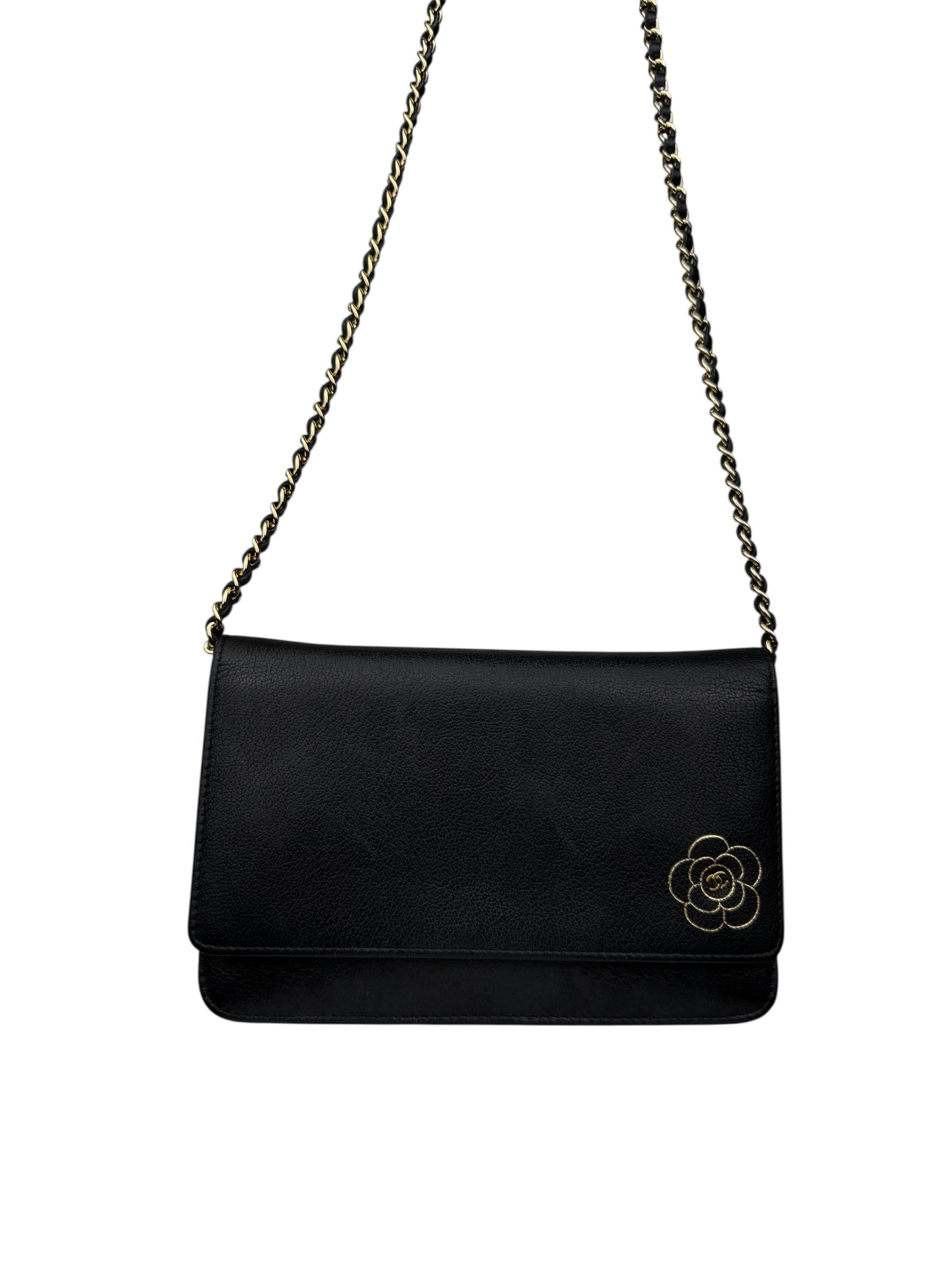 CHANEL CAMELLIA LEATHER WALLET ON CHAIN