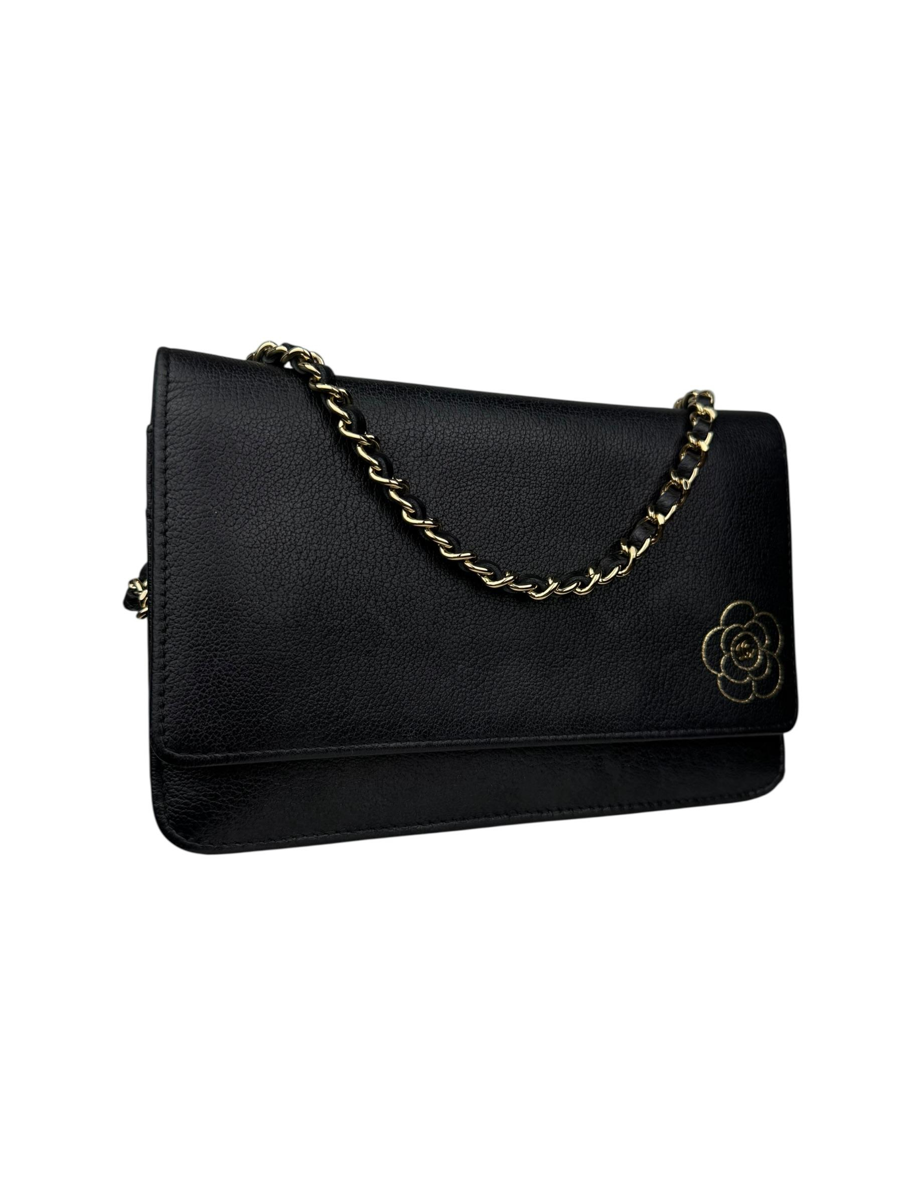 CHANEL CAMELLIA LEATHER WALLET ON CHAIN