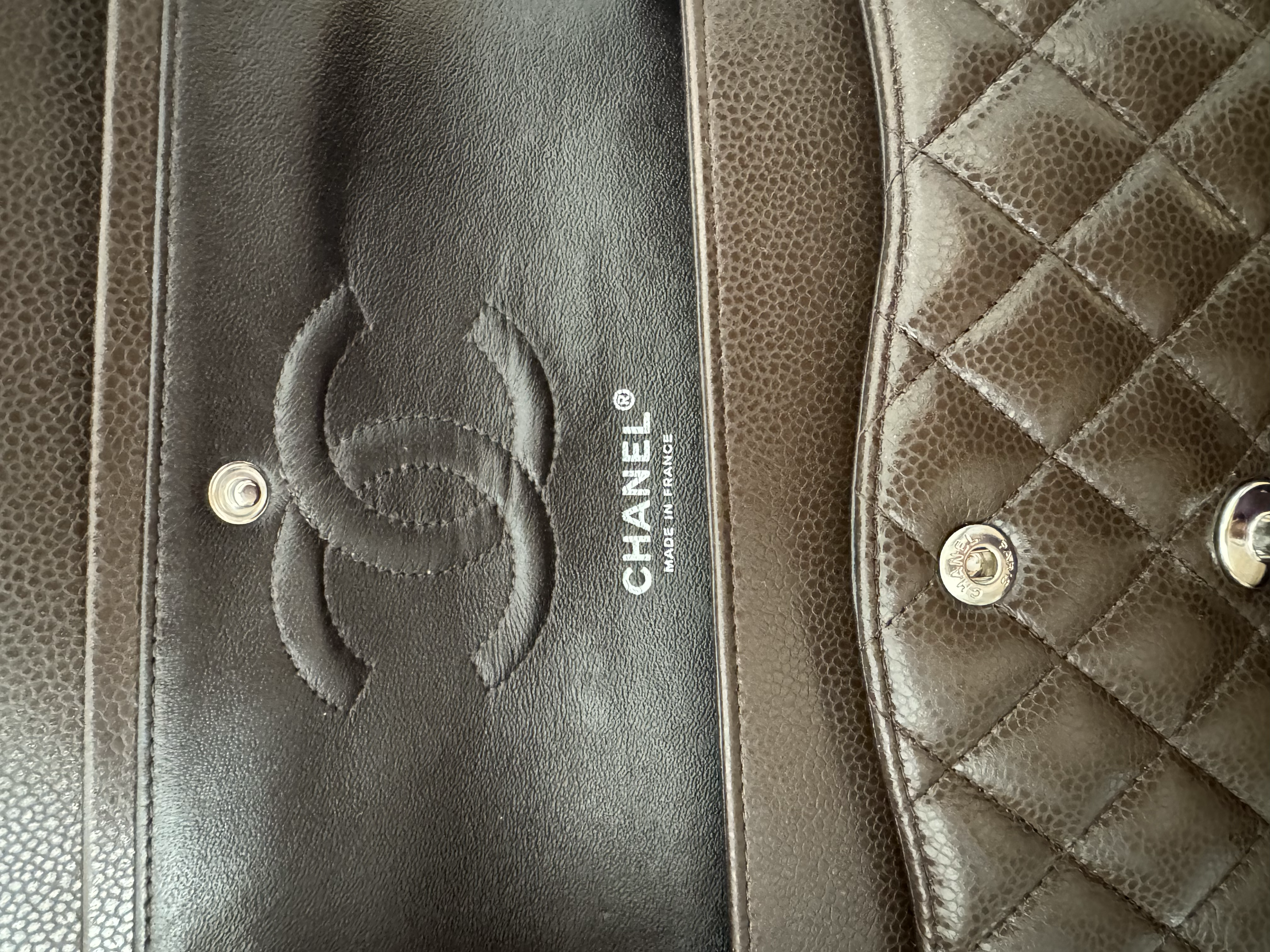 CHANEL CLASSIC CAVIAR LEATHER BROWN SILVER CC LOGO DOUBLE FLAP BAG 