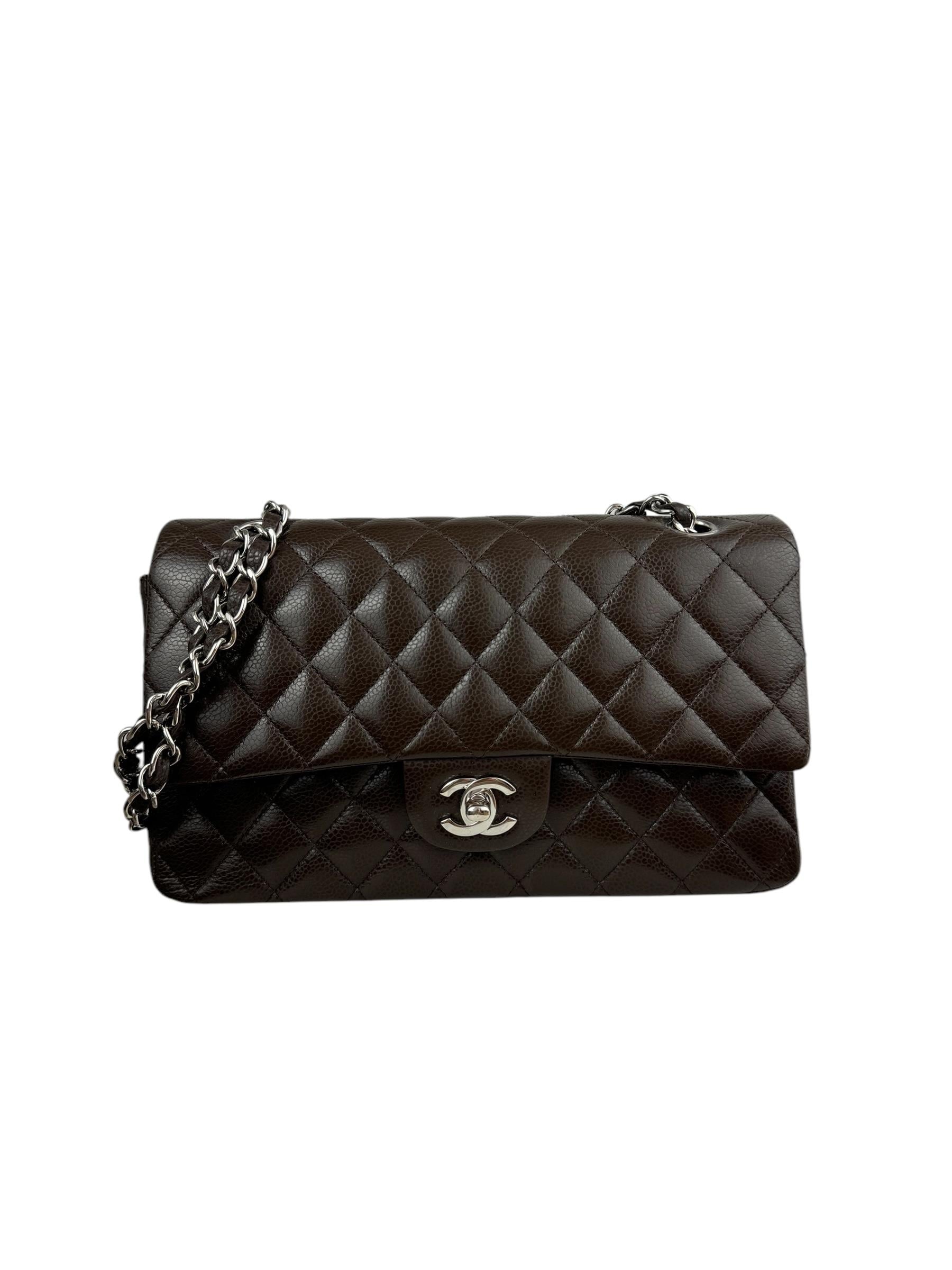 CHANEL CLASSIC CAVIAR LEATHER BROWN SILVER CC LOGO DOUBLE FLAP BAG 