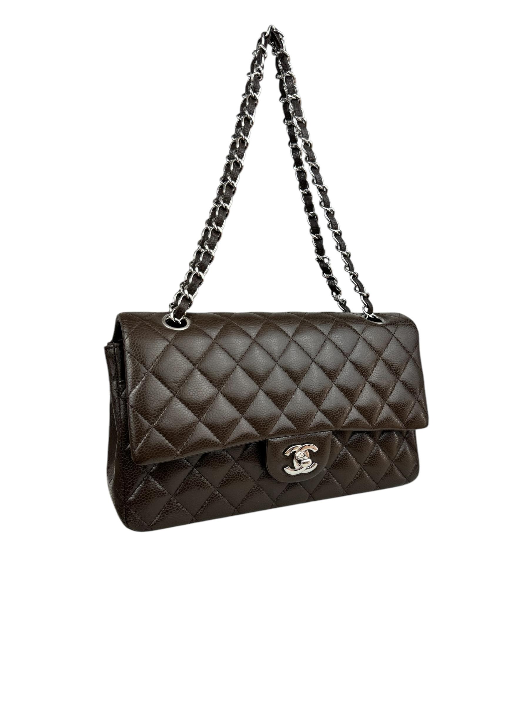 CHANEL CLASSIC CAVIAR LEATHER BROWN SILVER CC LOGO DOUBLE FLAP BAG 