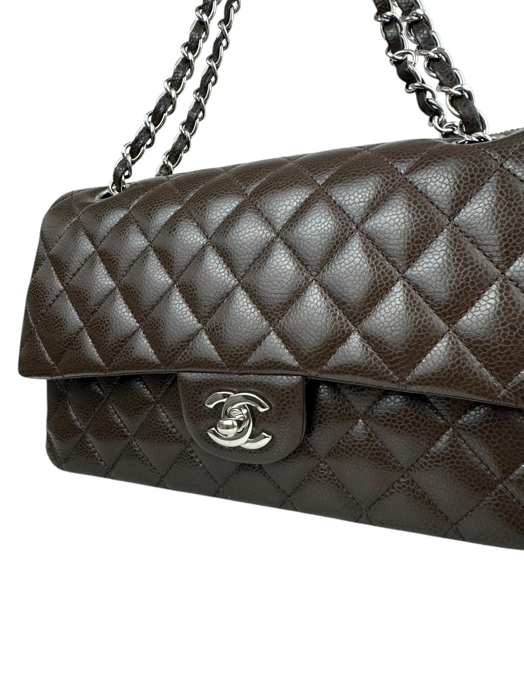 CHANEL CLASSIC CAVIAR LEATHER BROWN SILVER CC LOGO DOUBLE FLAP BAG 