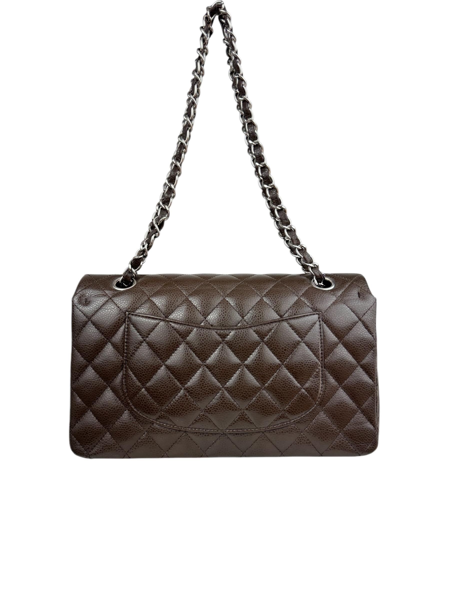 CHANEL CLASSIC CAVIAR LEATHER BROWN SILVER CC LOGO DOUBLE FLAP BAG 