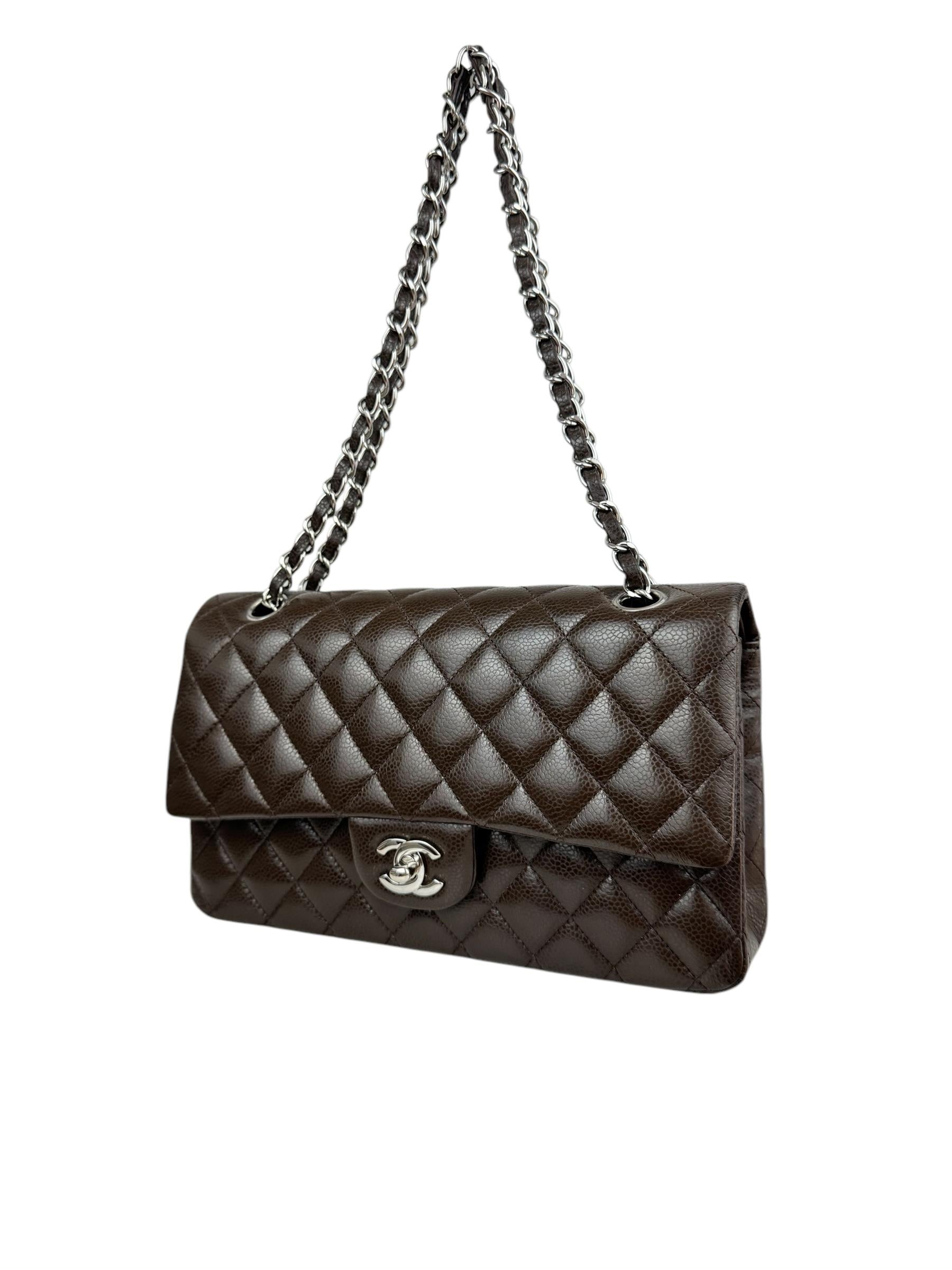 CHANEL CLASSIC CAVIAR LEATHER BROWN SILVER CC LOGO DOUBLE FLAP BAG 