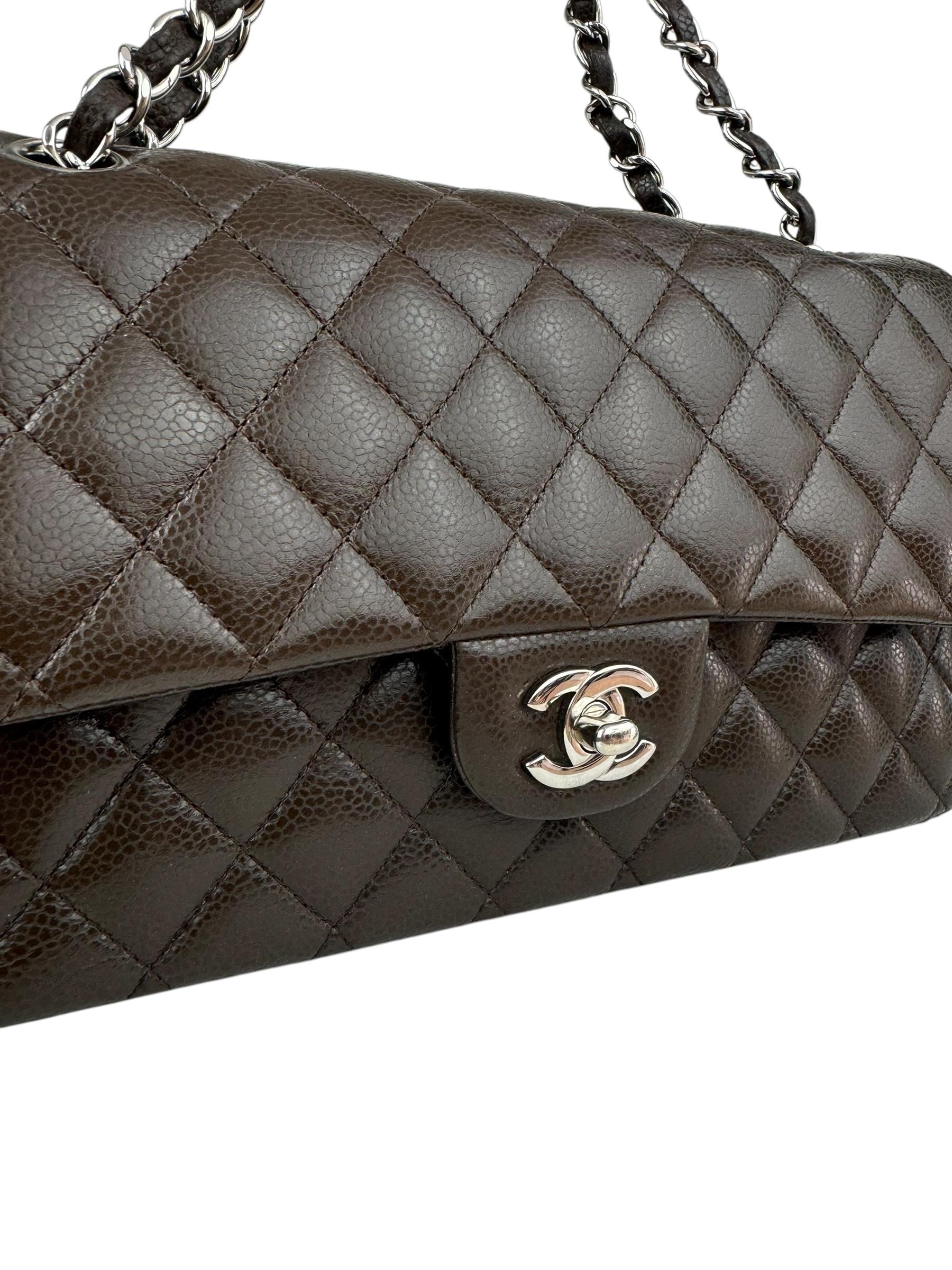 CHANEL CLASSIC CAVIAR LEATHER BROWN SILVER CC LOGO DOUBLE FLAP BAG 