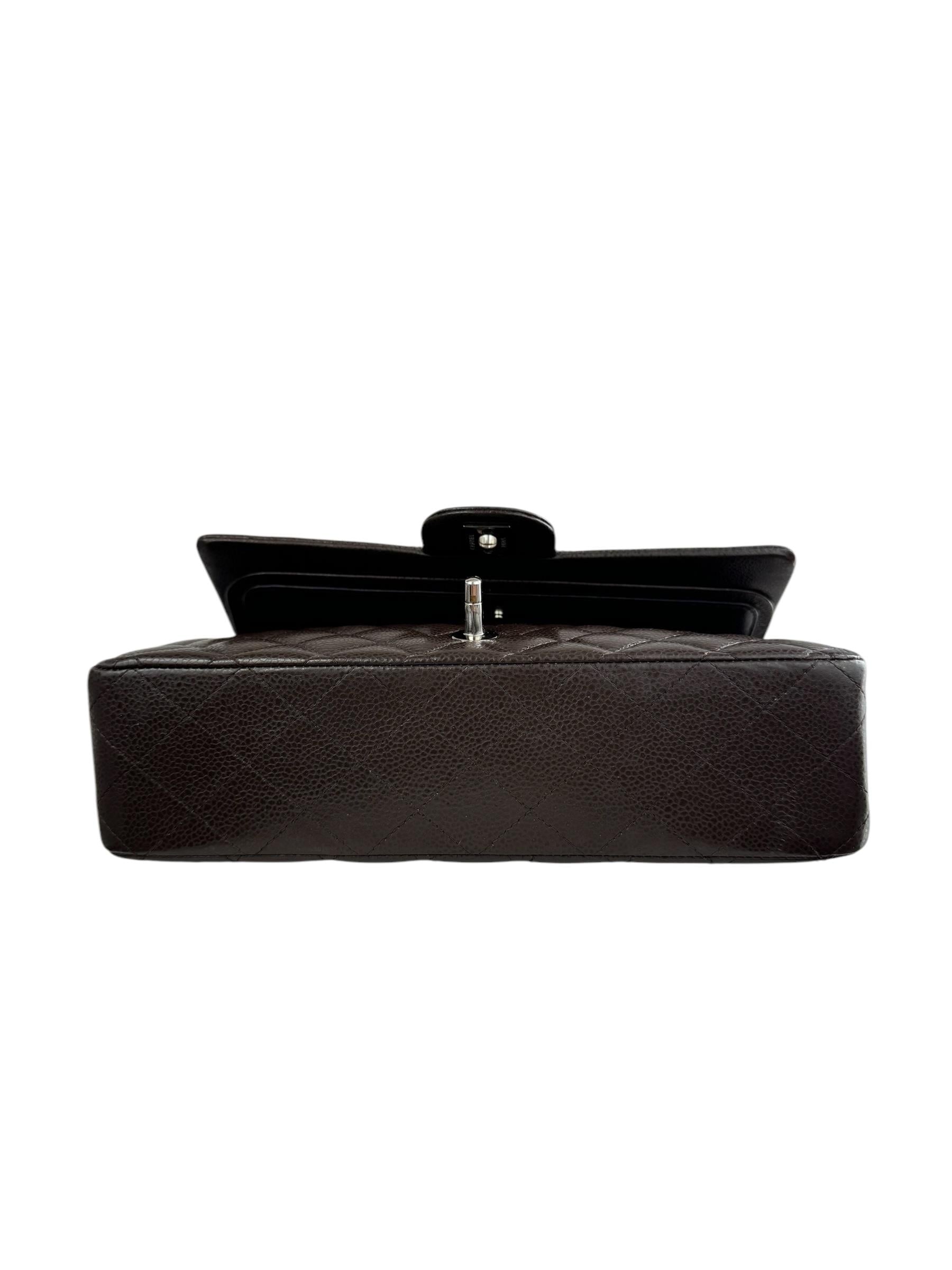 CHANEL CLASSIC CAVIAR LEATHER BROWN SILVER CC LOGO DOUBLE FLAP BAG 