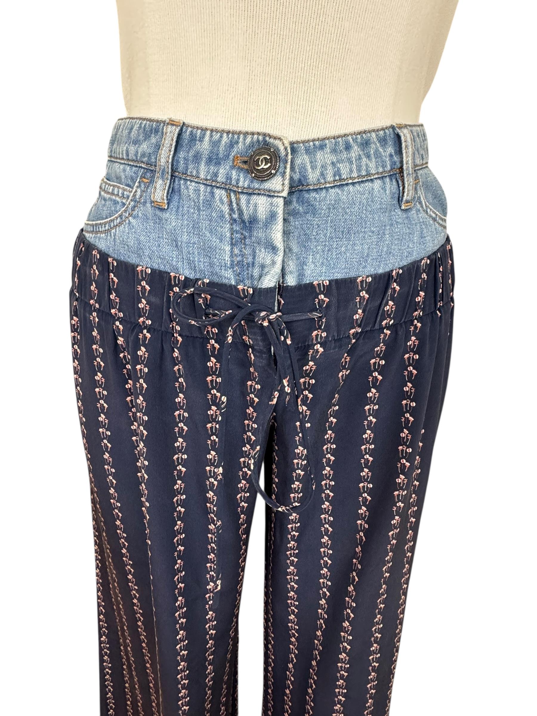 CHANEL NAVY BLUE PRINTED SILK DENIM WAISTBAND PANTS