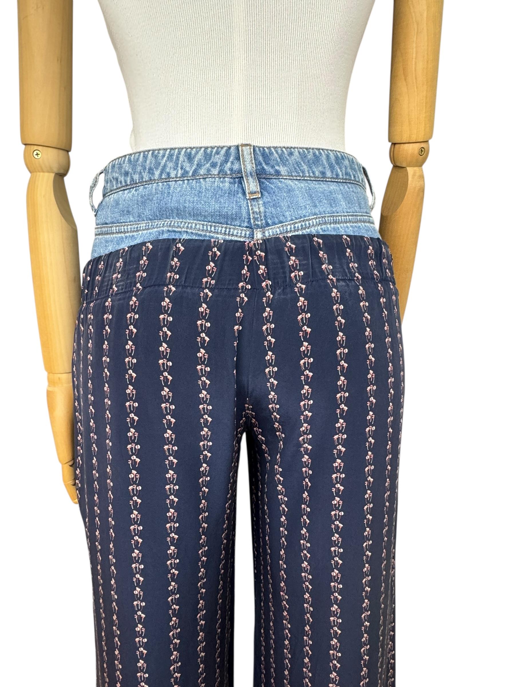 CHANEL NAVY BLUE PRINTED SILK DENIM WAISTBAND PANTS