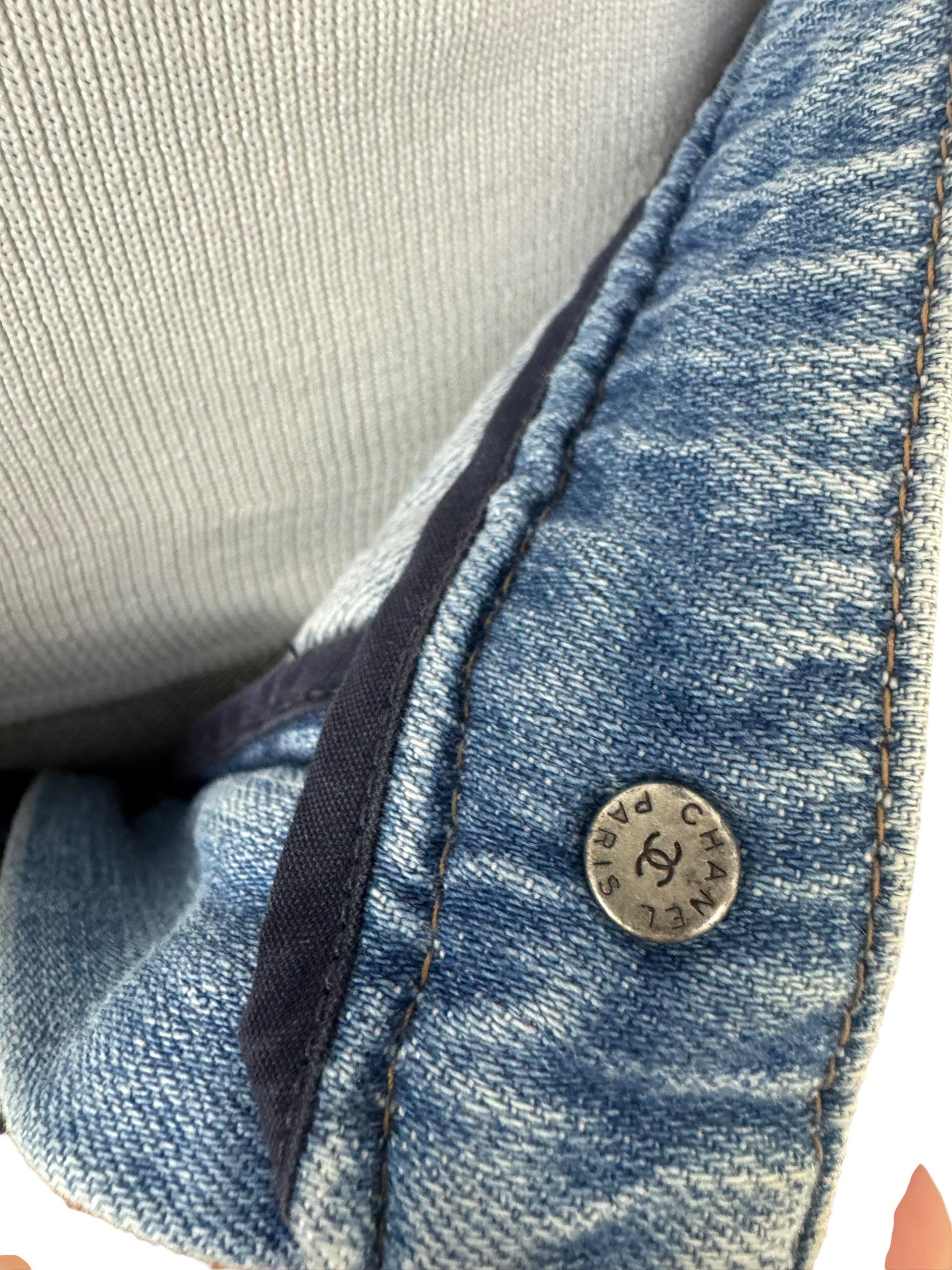 CHANEL NAVY BLUE PRINTED SILK DENIM WAISTBAND PANTS